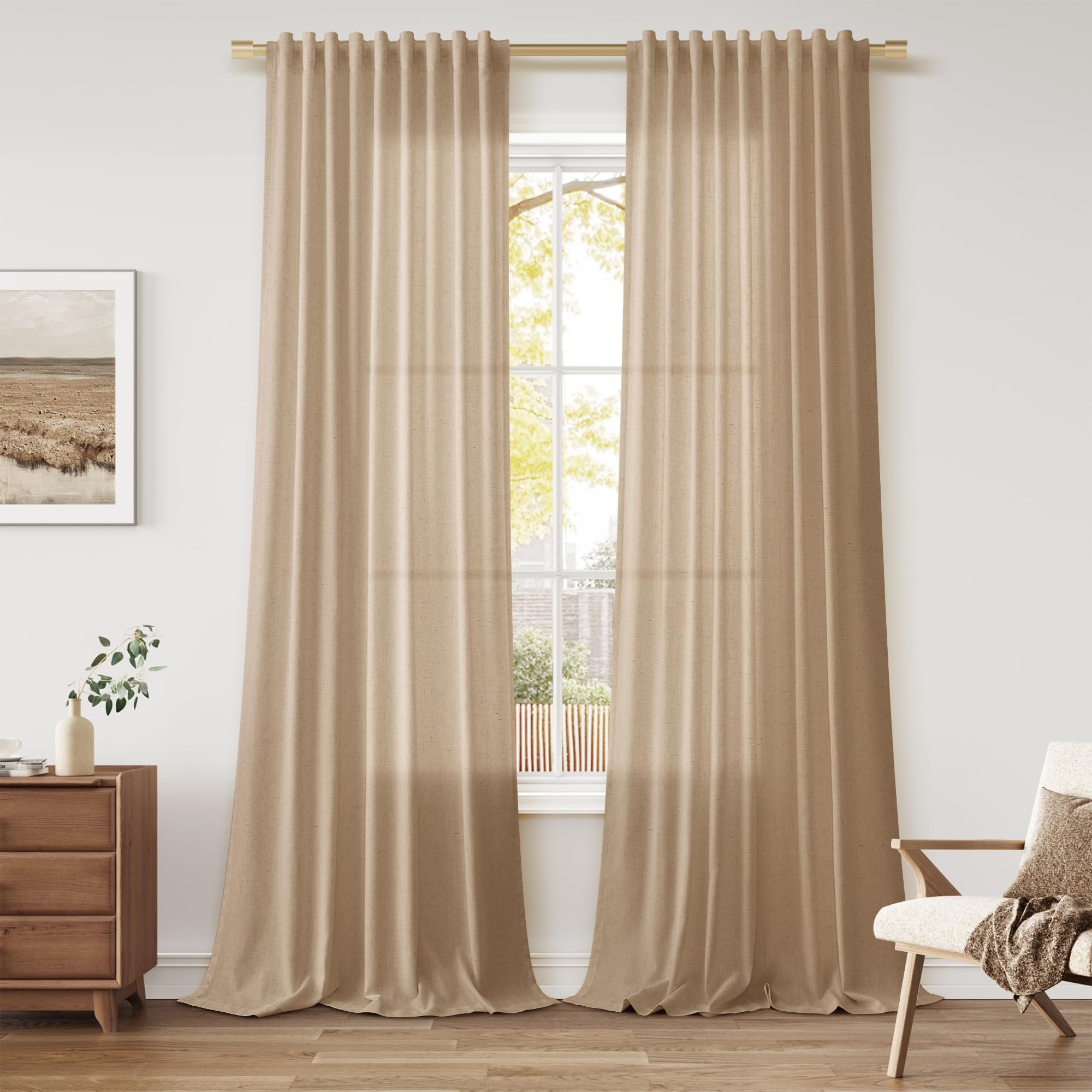 Nanspring Linen Curtains 80 Inches Long for Living Room Semi Sheer Light Filtering Curtain Back Tab Neutral Boho Modern Farmhouse Window Drapes for Bedroom 52x80 2 Panels Cream Ivory Beige Natural