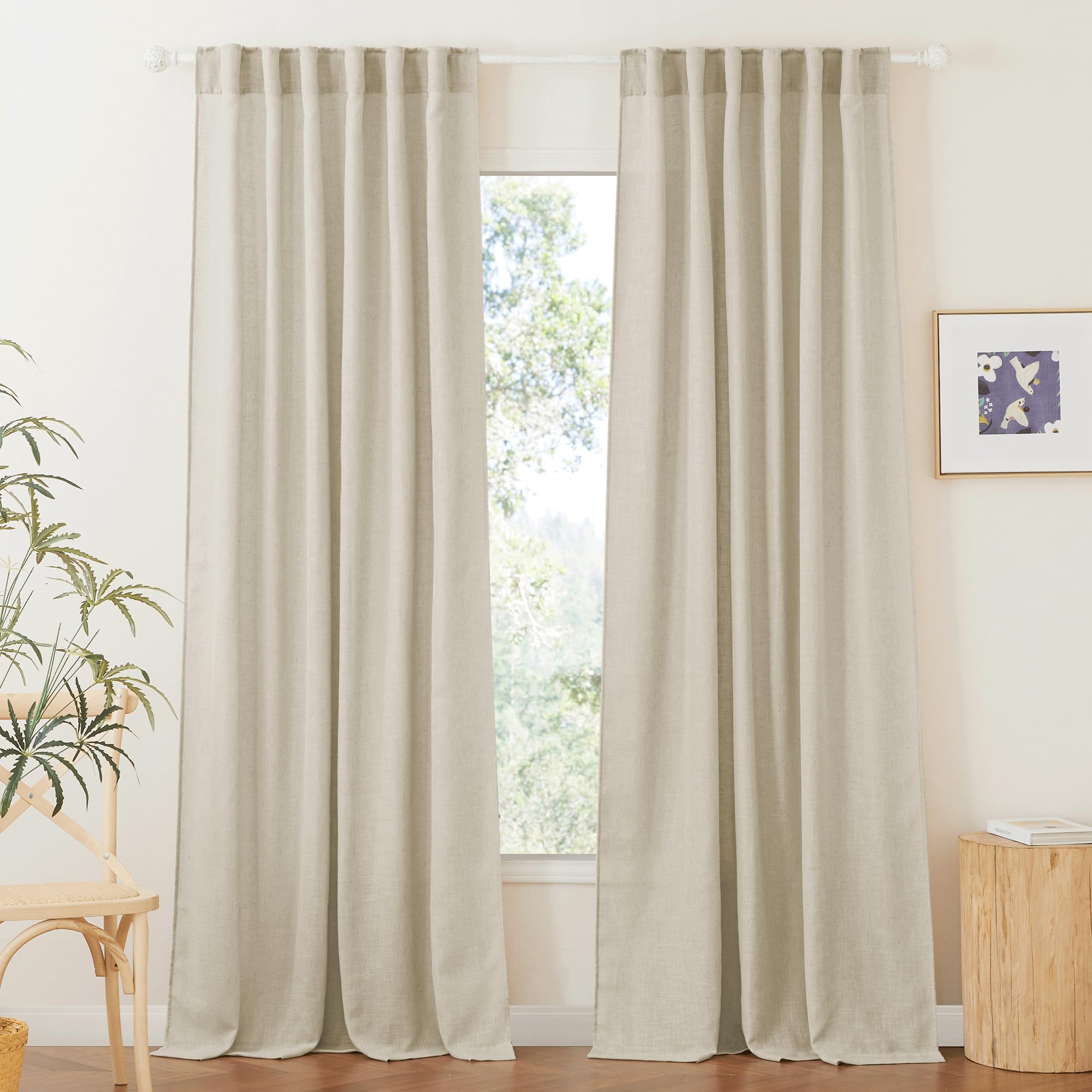 RYB HOME Semi Sheer Curtains 102 inches Long, Back Tab Light Filtration Half Privacy Window Curtains & Drapes for Bedroom Living Room, Linen, W 52 x L 102 inches, 2 Panels Set