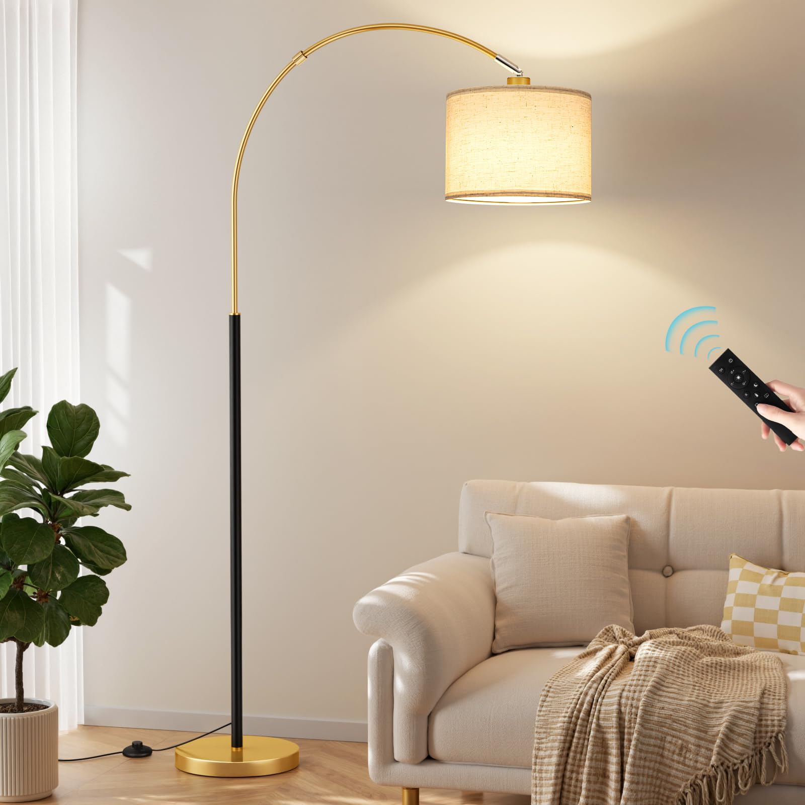 Ambimall 70 Dimmable Arc Floor Lamp with Remote, Color Temperatures and Brightness Adjustable, Arched Floor Lamp with Rotating Head, Over Couch Arched Light for Living Room (Deep Beige and Black)