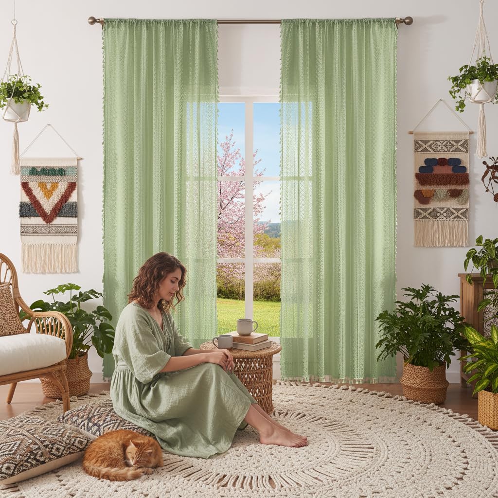 WAZZIO Boho Lace Curtains 108 Inch 2 Panel,Light Filtering Privacy Tassel & Geometry Crochet Semi Sheer Curtain Drapes for Bedroom Living Dining Room,Rod Pocket & Tassel,Vintage Farmhouse Decor,Beige