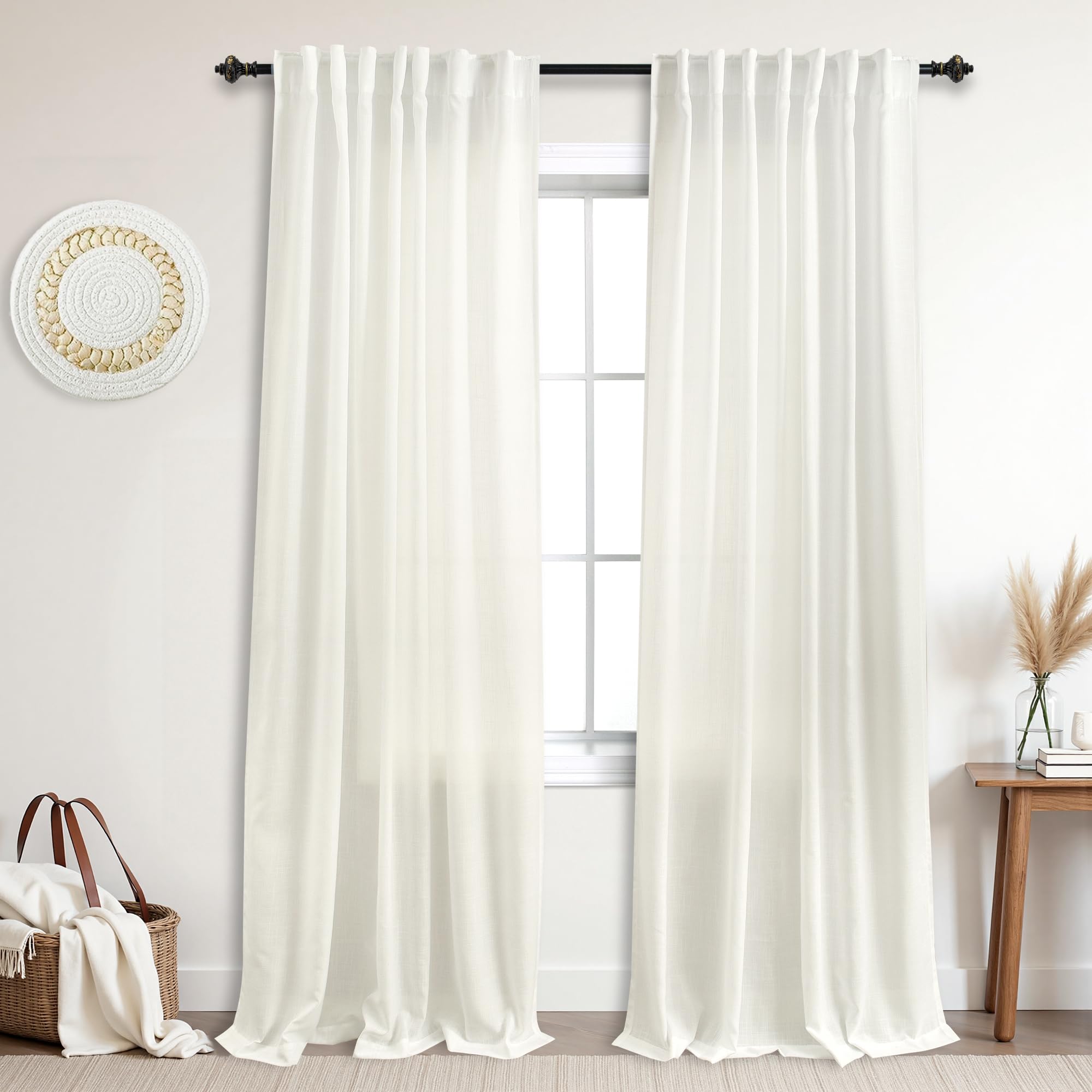 KOUFALL 92 Inch Curtains for Living Room 2 Panels Set,Light Filtering Farmhouse Boho Linen Semi Sheer Curtain Drapes 92 Inches Long for Bedroom,Cream Ivory