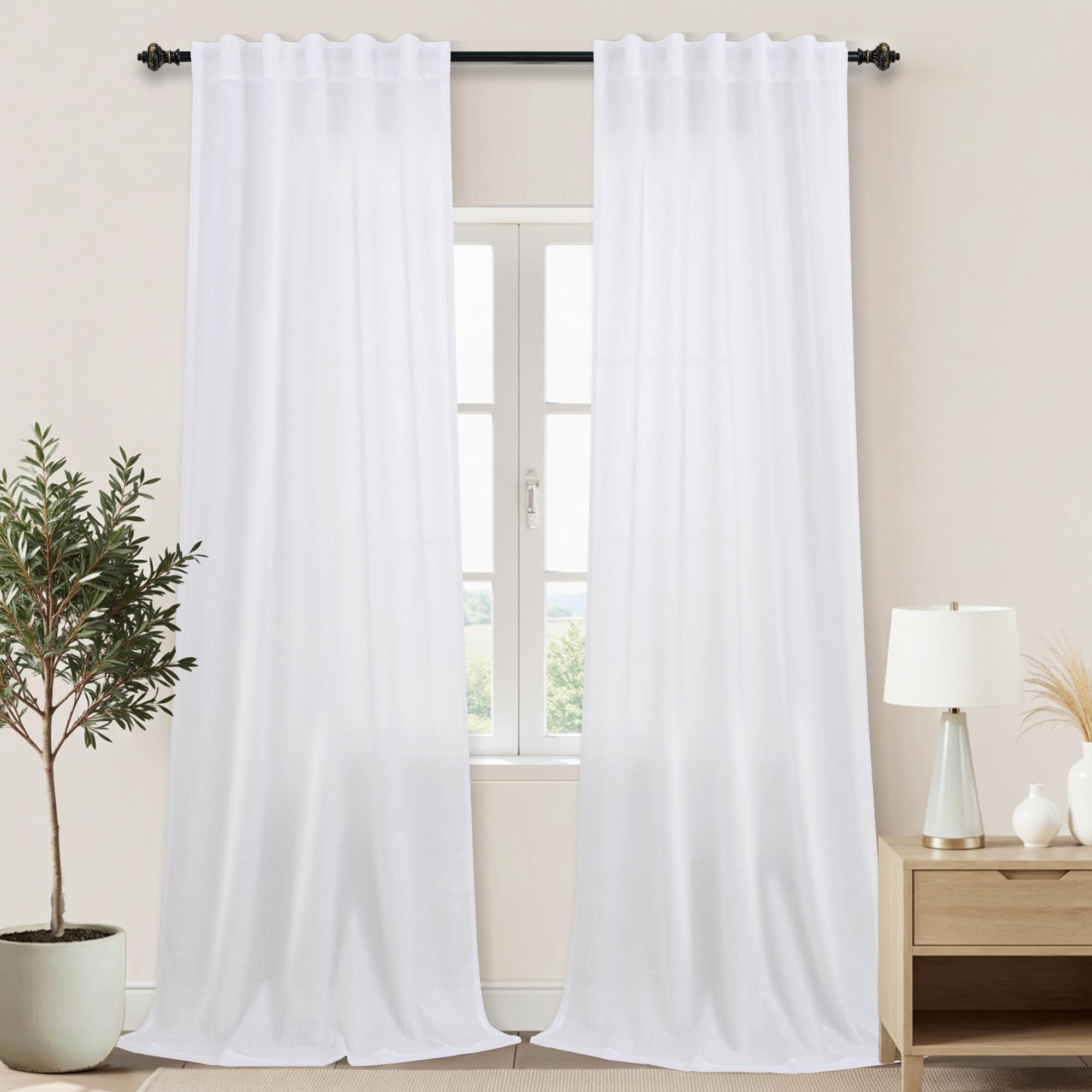 KOUFALL 92 Inch Curtains for Living Room 2 Panels Set,Light Filtering Farmhouse Boho Linen Semi Sheer Curtain Drapes 92 Inches Long for Bedroom,Cream Ivory