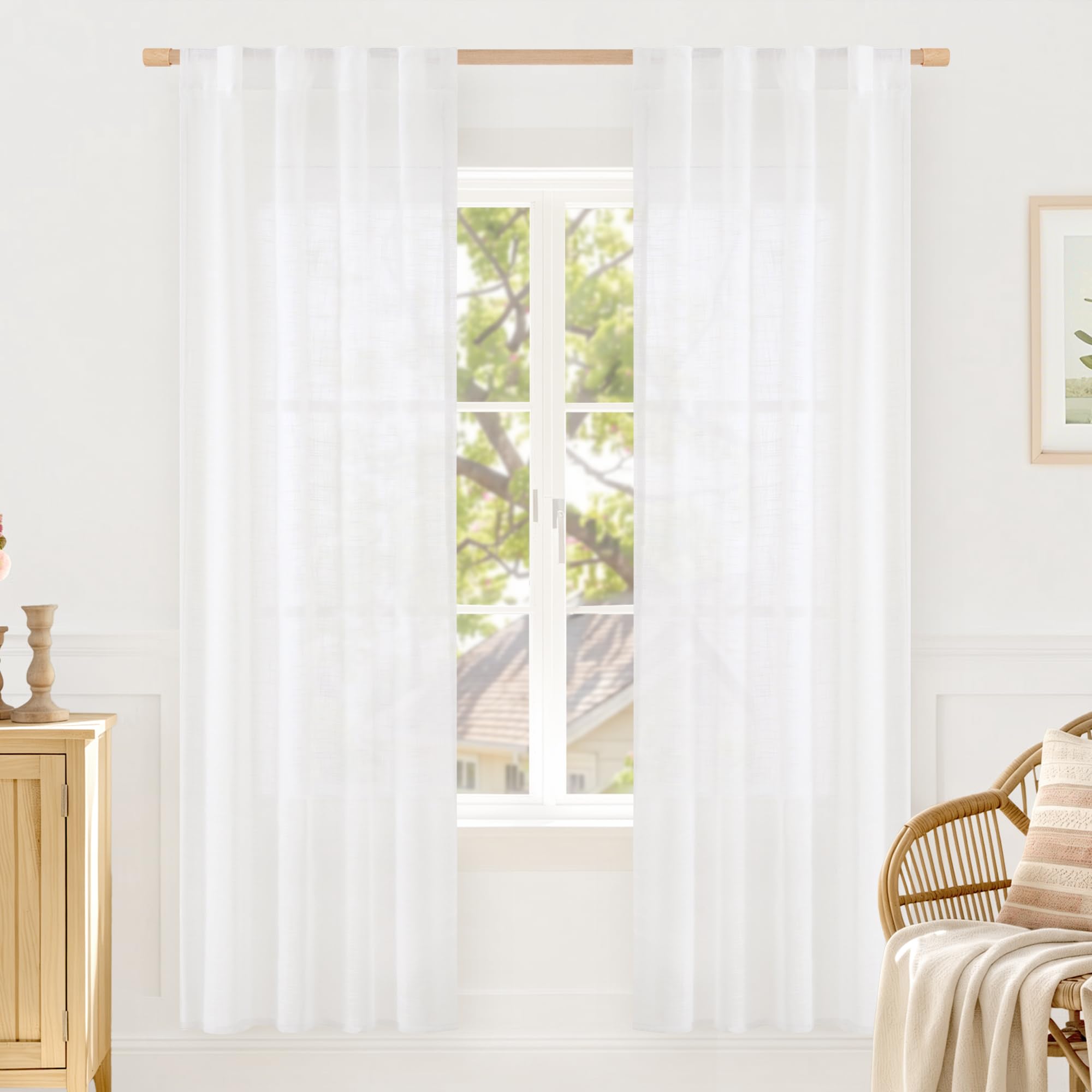LAMIT Natural Linen Sheer Curtains 90 Inches Long 2 Panels, Long Light Filtering Window Treatments Back Tab and Rod Pocket Farmhouse Boho Panels for Living Room/Bedroom/Dining Room, 52 x 90 Inch