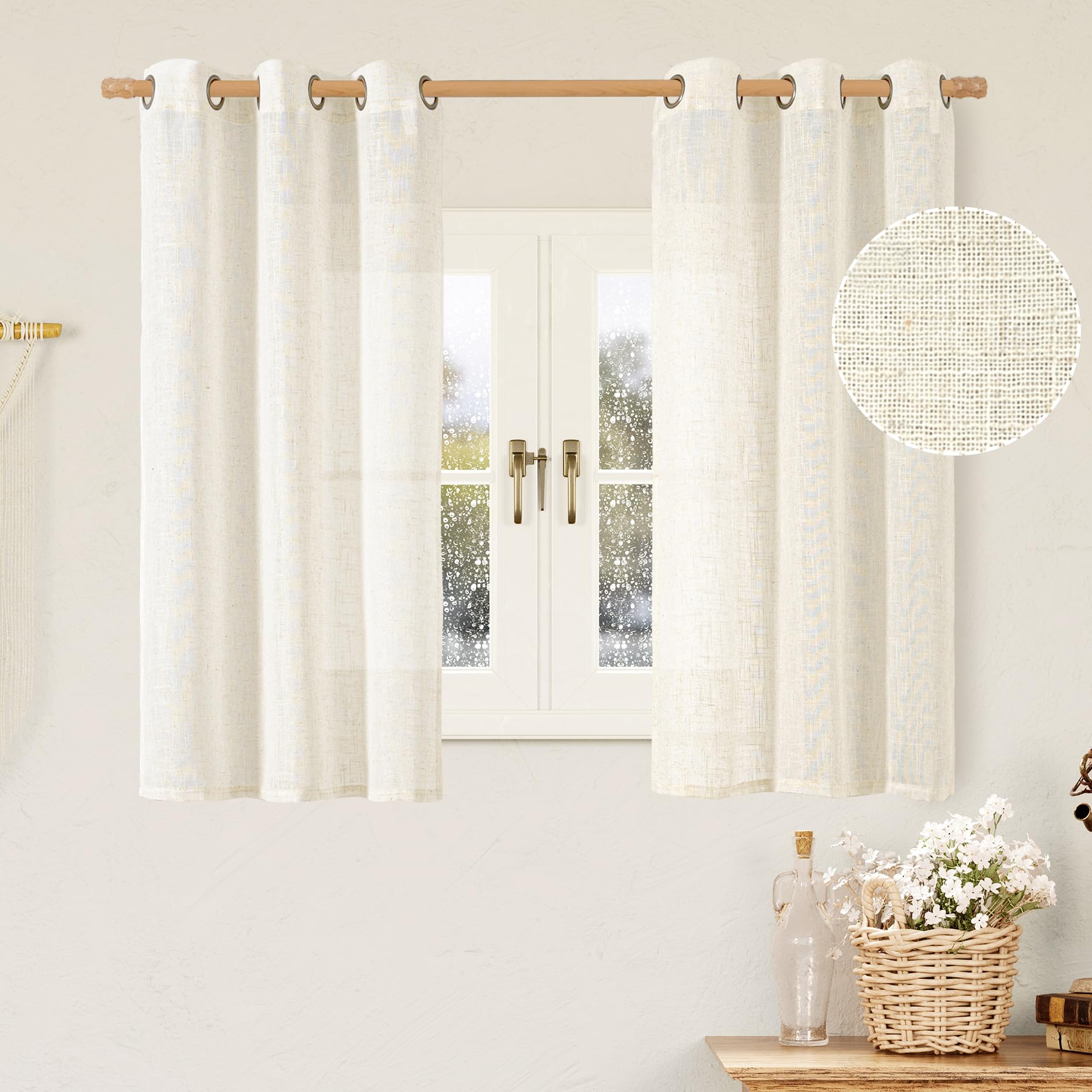 LAMIT Natural Cream Ivory Long Linen Curtains for Living Room, 108 inches Long Bronze Grommet Light Filtering Window Textured Neutral Sheer Drapes for Bedroom Farmhouse, 2 Panels, 52 x 108 Inch