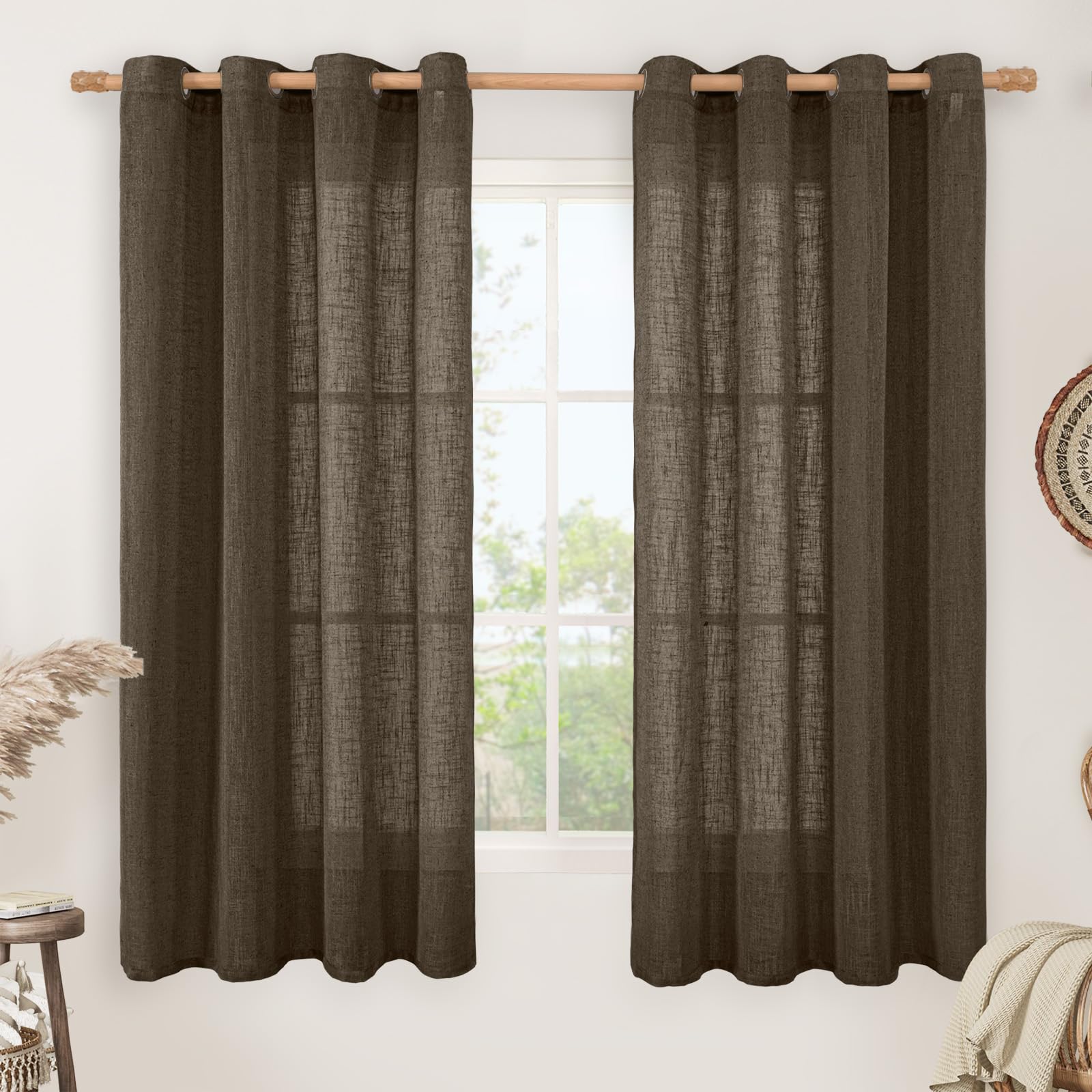LAMIT Natural Cream Ivory Long Linen Curtains for Living Room, 108 inches Long Bronze Grommet Light Filtering Window Textured Neutral Sheer Drapes for Bedroom Farmhouse, 2 Panels, 52 x 108 Inch