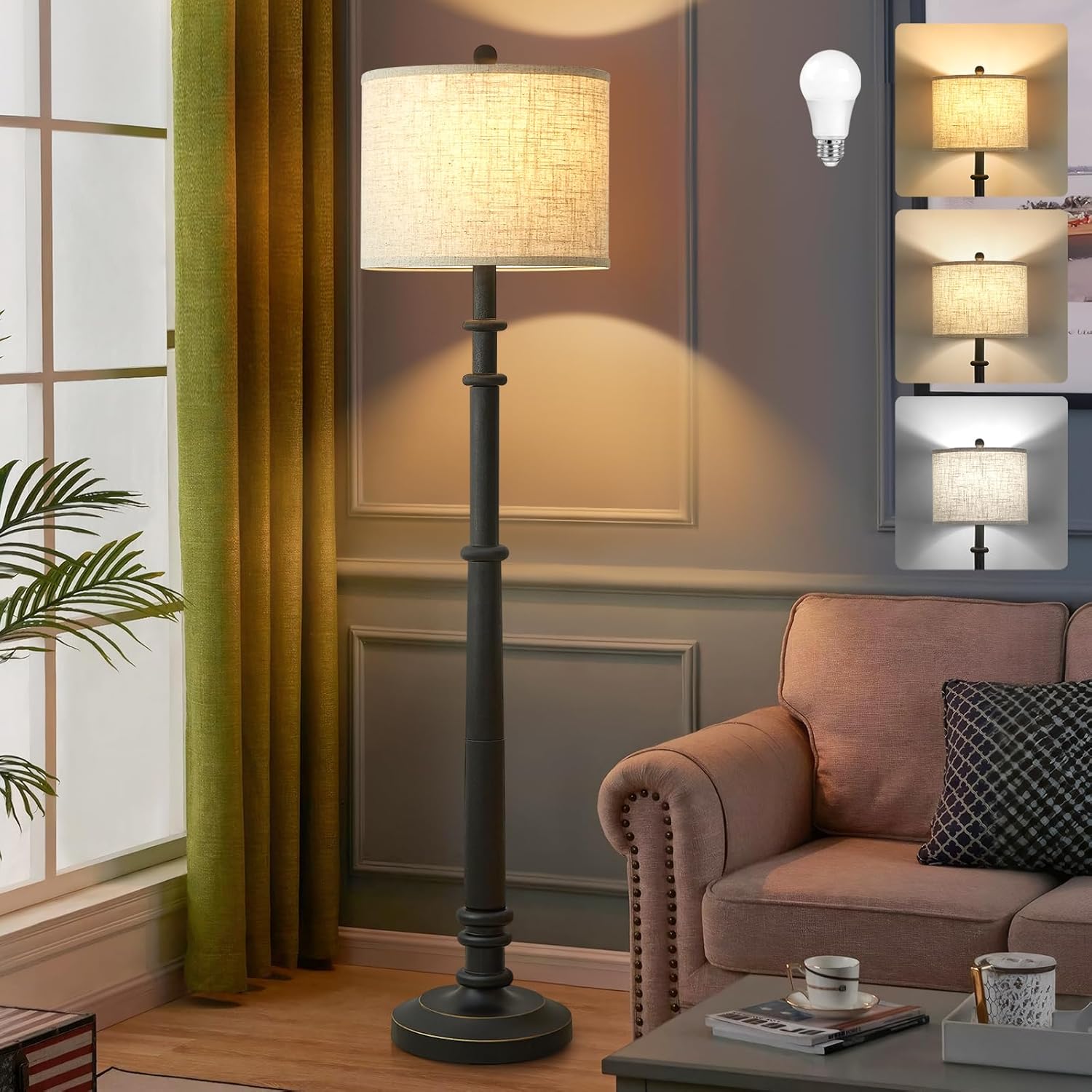 Floor Lamps for Living Room - 60" Resin Farmhouse Floor Lamp with Adjustable Color Temperatures - Vintage Standing Lamp Reading Light with Linen Shade Retro Tall Lamp for Bedroom Office, Black