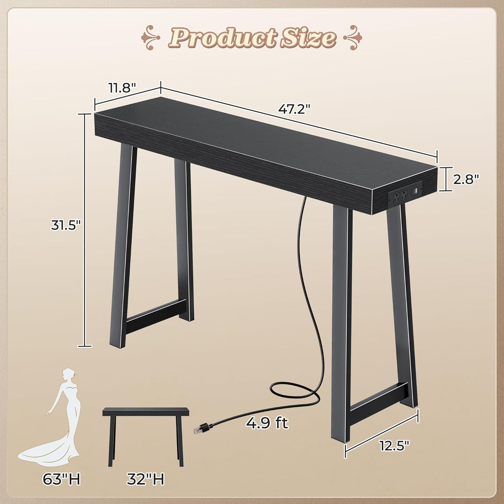 47.2" Black Modern Console Table with Charging Station & Metal Legs