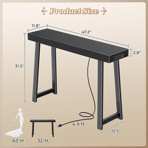 47.2" Black Modern Console Table with Charging Station & Metal Legs