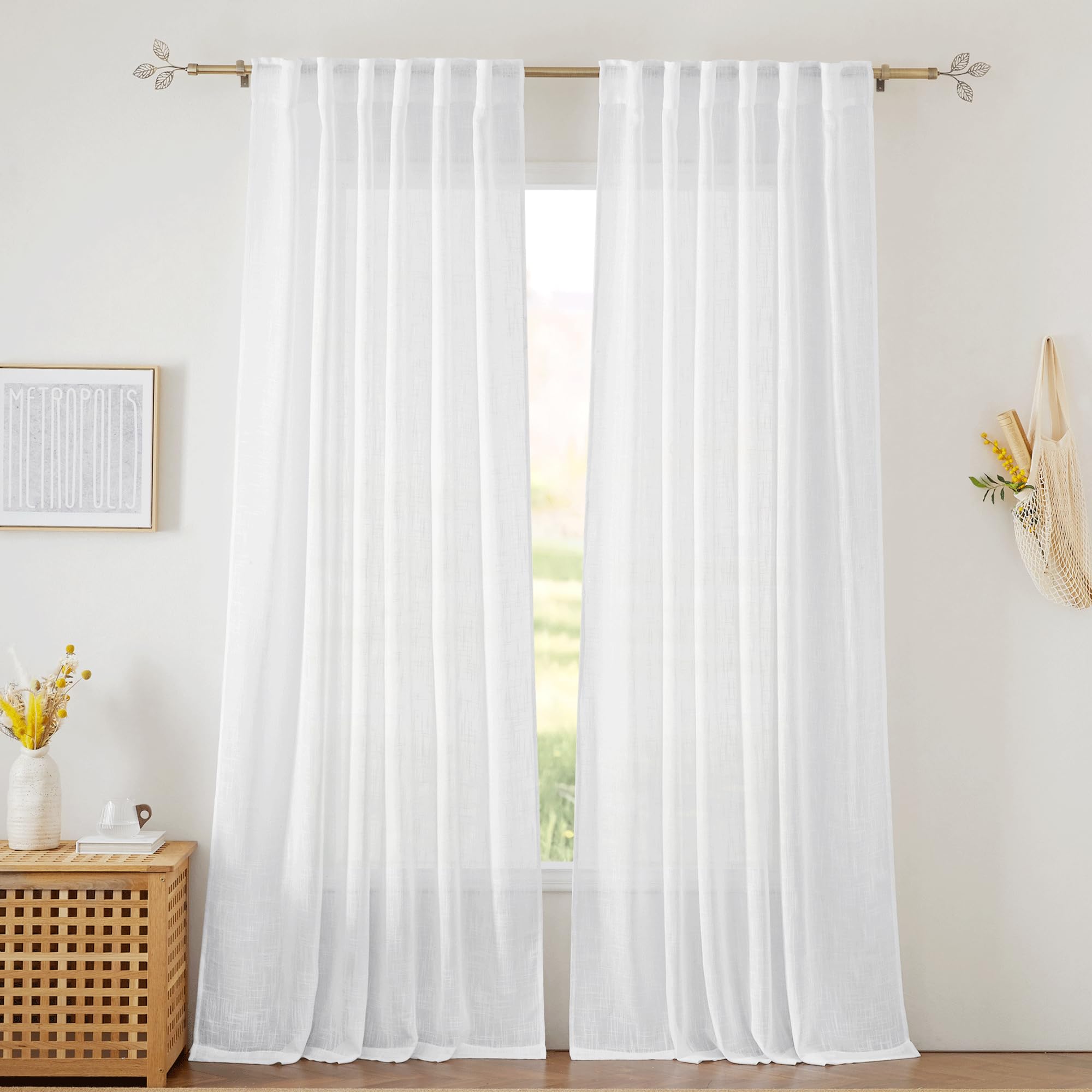 RYB HOME Semi Sheer Curtains 102 inches Long, Back Tab Light Filtration Half Privacy Window Curtains & Drapes for Bedroom Living Room, Linen, W 52 x L 102 inches, 2 Panels Set