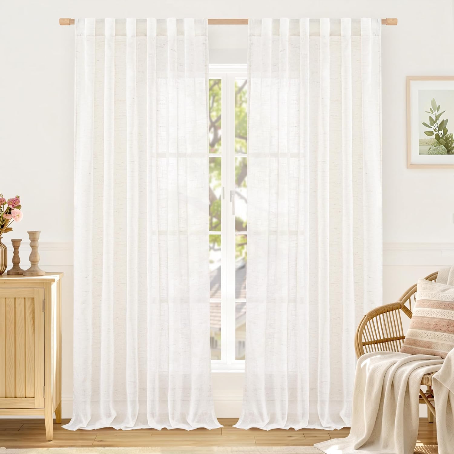 LAMIT Natural Linen Sheer Curtains 90 Inches Long 2 Panels, Long Light Filtering Window Treatments Back Tab and Rod Pocket Farmhouse Boho Panels for Living Room/Bedroom/Dining Room, 52 x 90 Inch