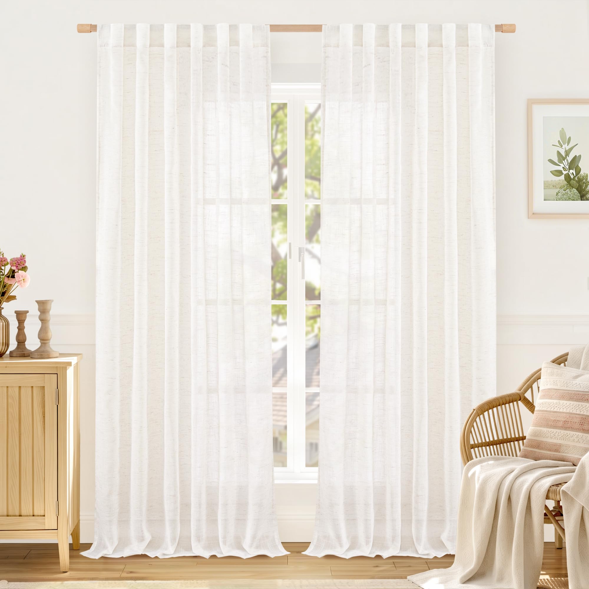 LAMIT Natural Linen Sheer Curtains 90 Inches Long 2 Panels, Long Light Filtering Window Treatments Back Tab and Rod Pocket Farmhouse Boho Panels for Living Room/Bedroom/Dining Room, 52 x 90 Inch