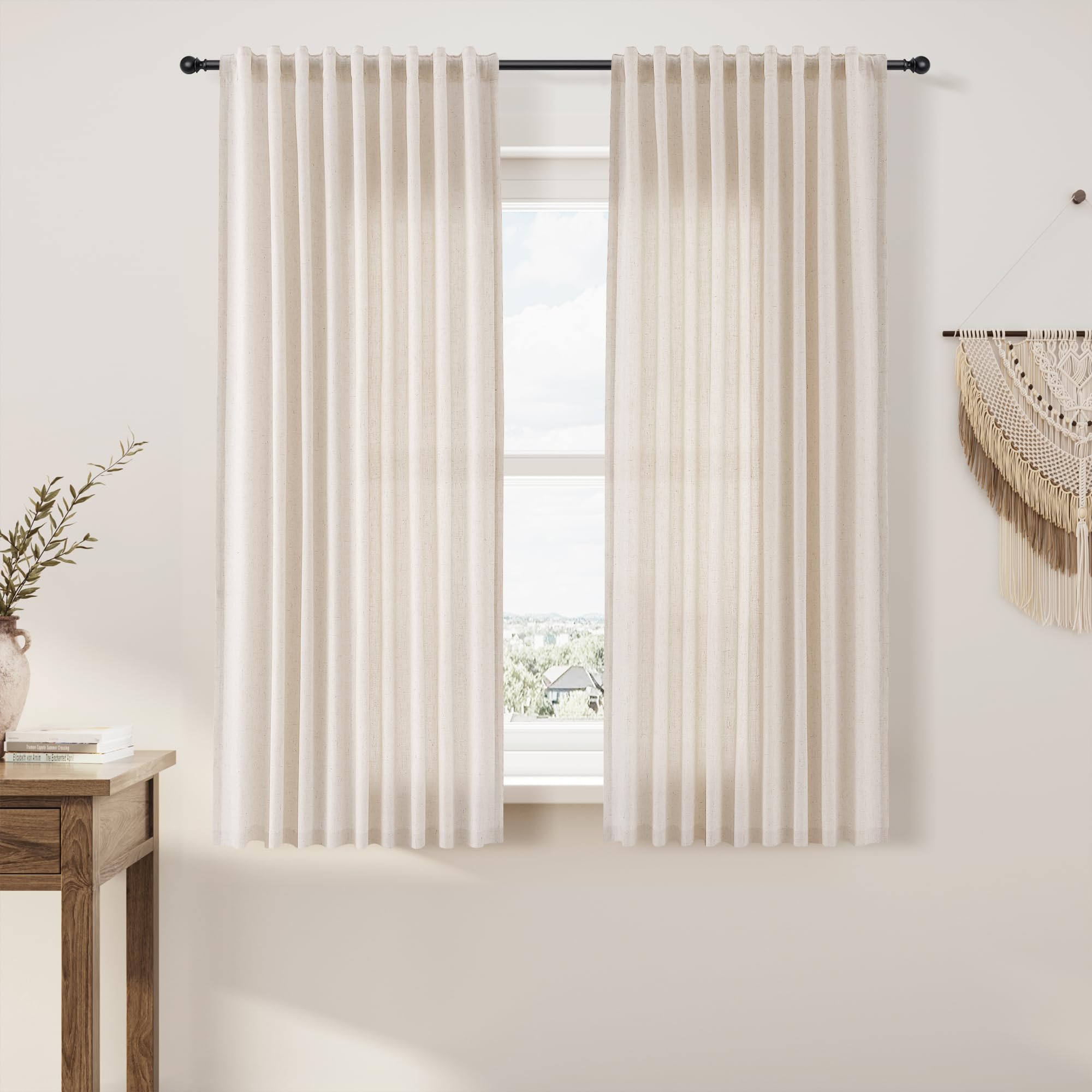 Nanspring Linen Curtains 80 Inches Long for Living Room Semi Sheer Light Filtering Curtain Back Tab Neutral Boho Modern Farmhouse Window Drapes for Bedroom 52x80 2 Panels Cream Ivory Beige Natural