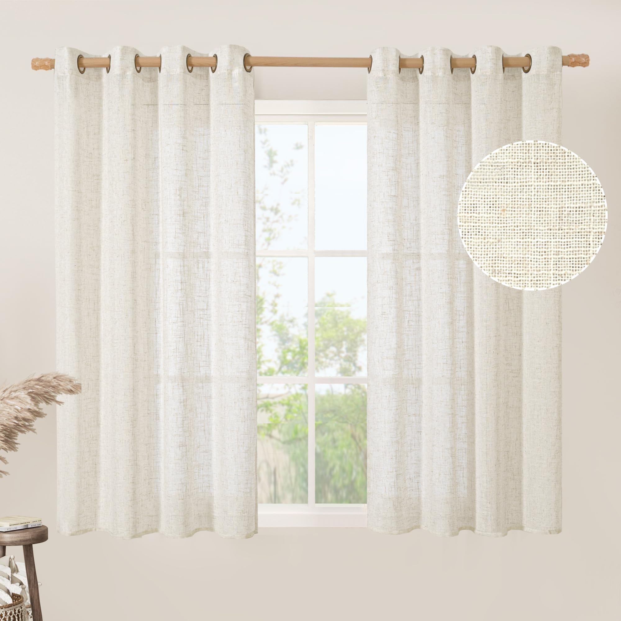 LAMIT Natural Cream Ivory Long Linen Curtains for Living Room, 108 inches Long Bronze Grommet Light Filtering Window Textured Neutral Sheer Drapes for Bedroom Farmhouse, 2 Panels, 52 x 108 Inch