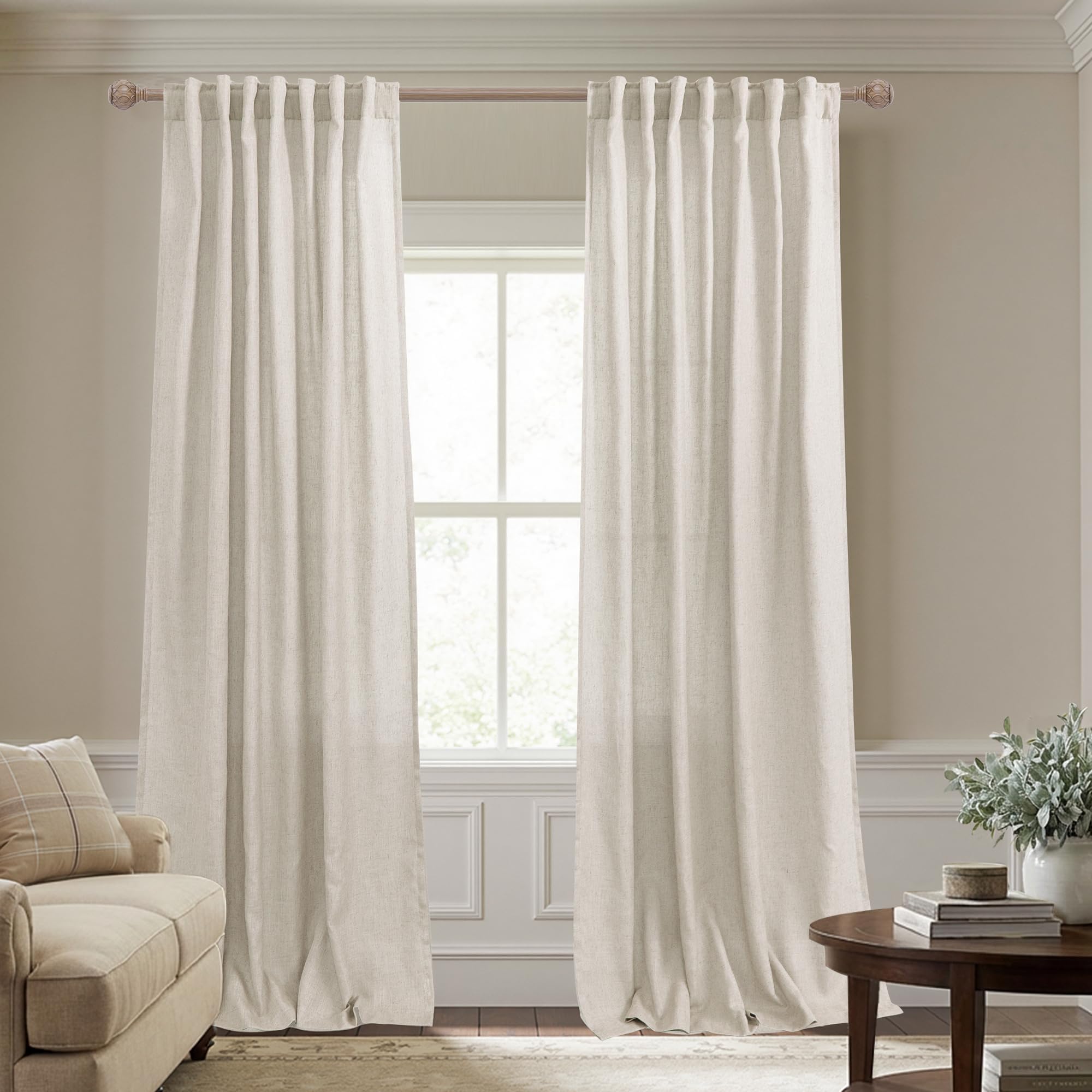 KOUFALL 92 Inch Curtains for Living Room 2 Panels Set,Light Filtering Farmhouse Boho Linen Semi Sheer Curtain Drapes 92 Inches Long for Bedroom,Cream Ivory