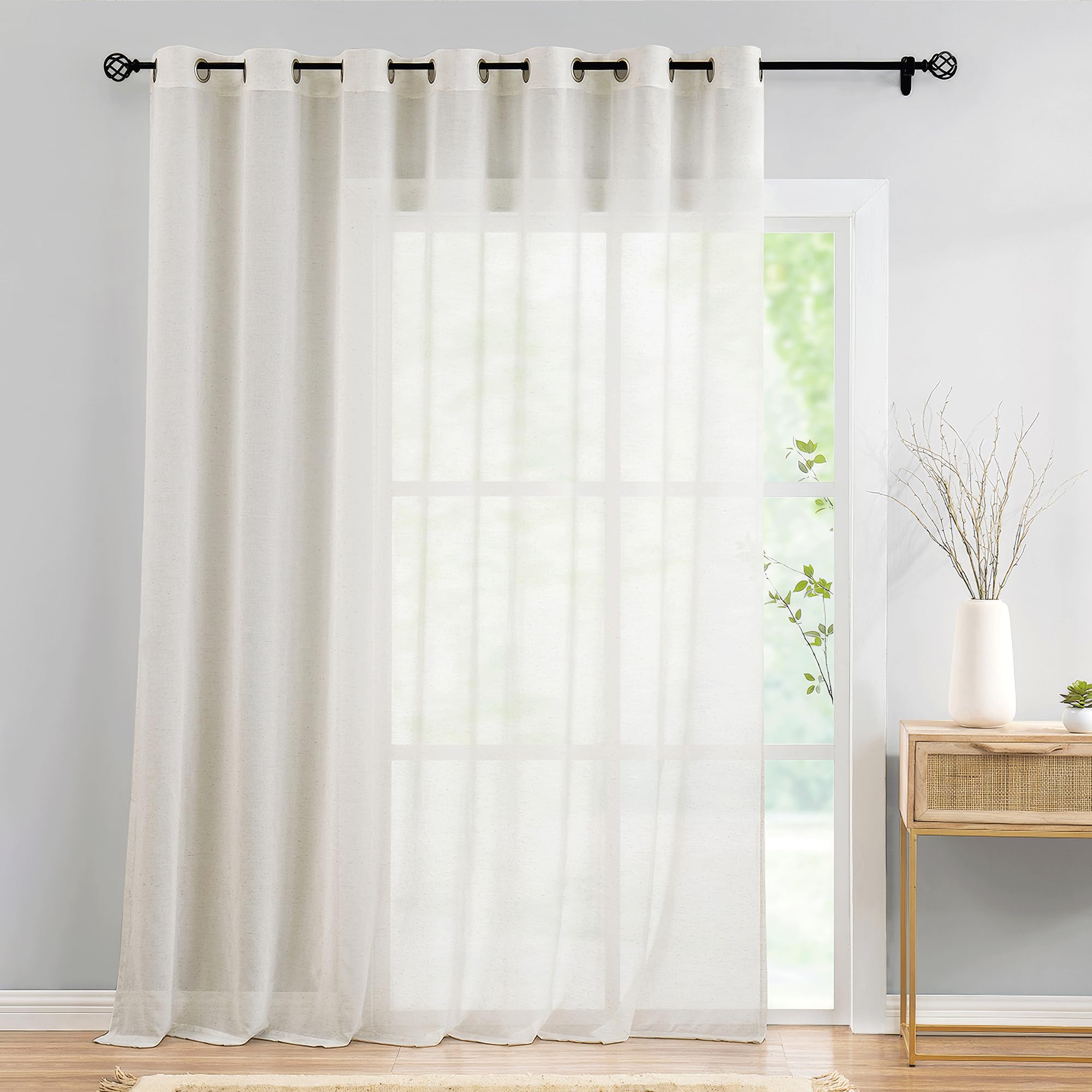 FMFUNCTEX Linen Sheer Curtains for Living Room, Beige Curtains 96 inches Long for Bedroom, Natural Flax Blend Window Draperies for Farmhouse Curtain, Rod Pocket 2 Panels