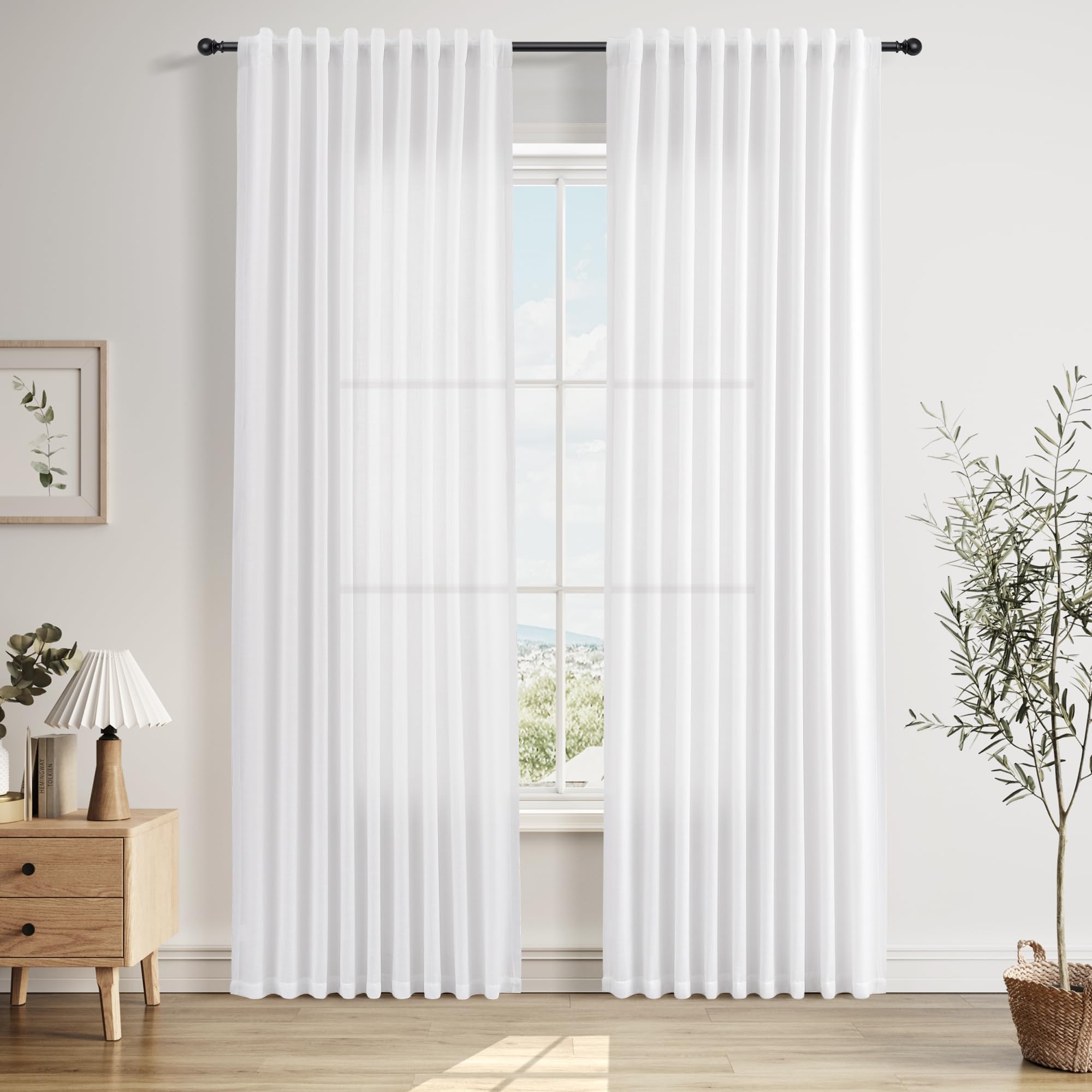 Nanspring Linen Curtains 80 Inches Long for Living Room Semi Sheer Light Filtering Curtain Back Tab Neutral Boho Modern Farmhouse Window Drapes for Bedroom 52x80 2 Panels Cream Ivory Beige Natural