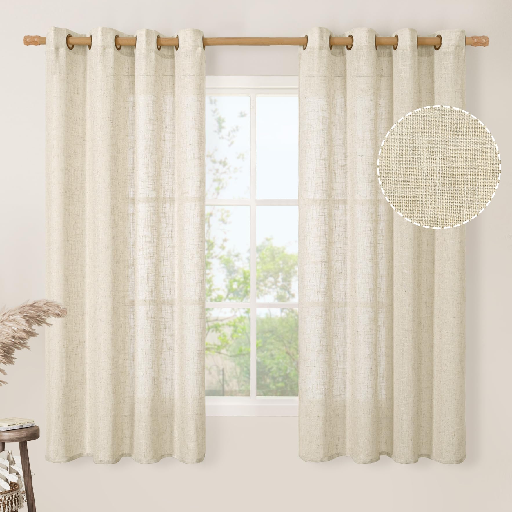 LAMIT Natural Cream Ivory Long Linen Curtains for Living Room, 108 inches Long Bronze Grommet Light Filtering Window Textured Neutral Sheer Drapes for Bedroom Farmhouse, 2 Panels, 52 x 108 Inch
