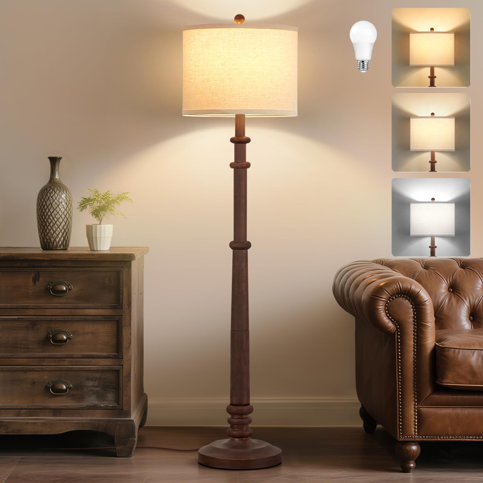 Floor Lamps for Living Room - 60" Resin Farmhouse Floor Lamp with Adjustable Color Temperatures - Vintage Standing Lamp Reading Light with Linen Shade Retro Tall Lamp for Bedroom Office, Black