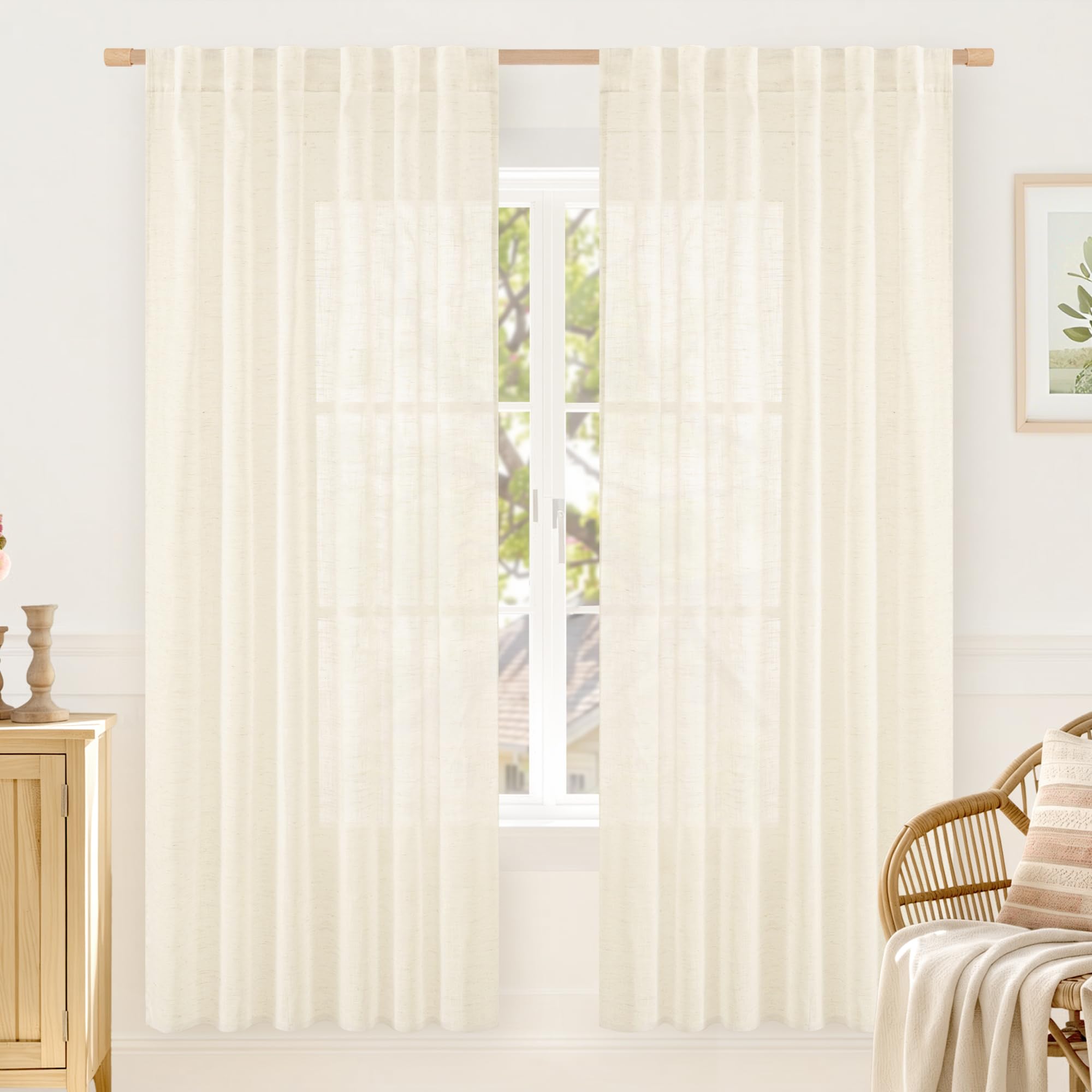 LAMIT Natural Linen Sheer Curtains 90 Inches Long 2 Panels, Long Light Filtering Window Treatments Back Tab and Rod Pocket Farmhouse Boho Panels for Living Room/Bedroom/Dining Room, 52 x 90 Inch