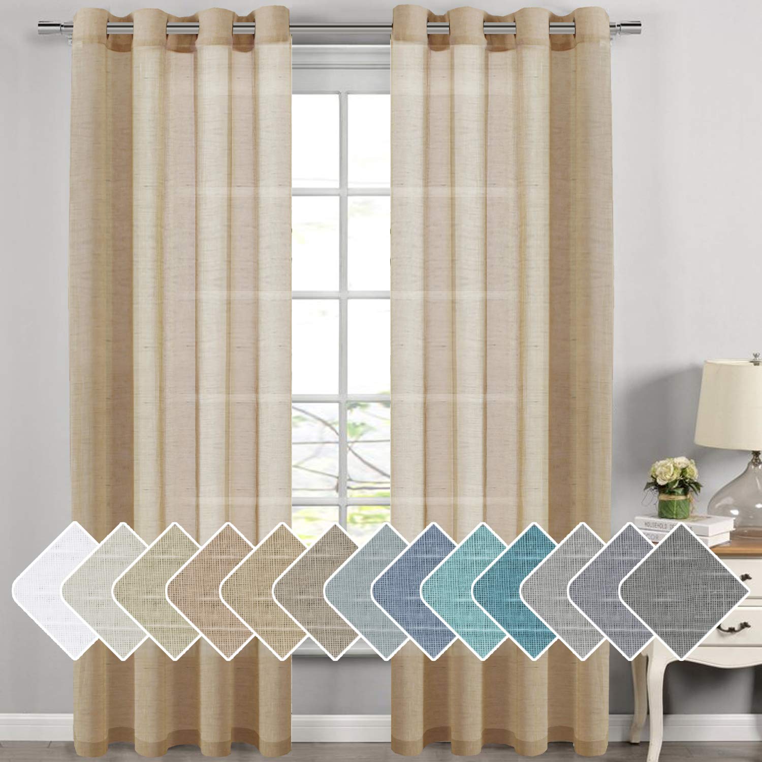 H.VERSAILTEX Linen Curtains Natural Linen Semi-Sheer Curtains 2 Panels Nickel Grommet Privacy Added Premium Soft Rich Material Drapes for Bedroom/Livingroom - 52x108 - Inch - Linen