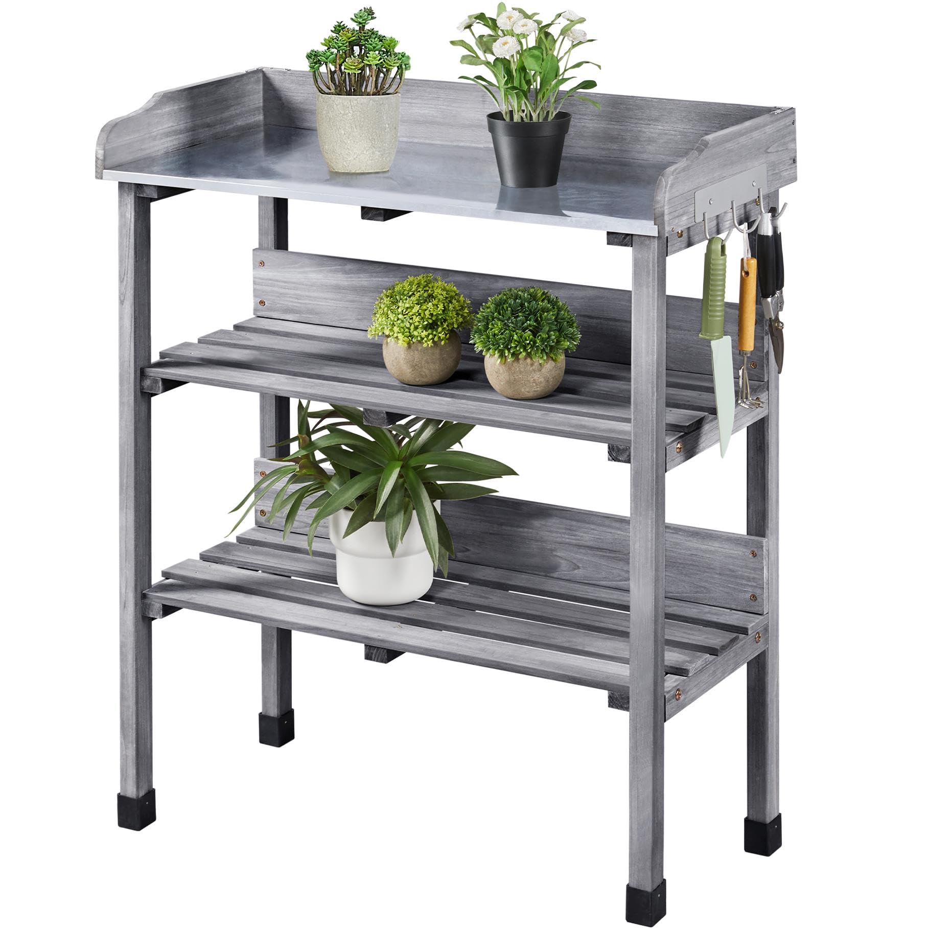 Yaheetech Outdoor Garden Potting Bench Table Wooden Horticulture Planting Worstation w/Metal Tabletop/Storage Shelf/3 Hooks, Natural Wood