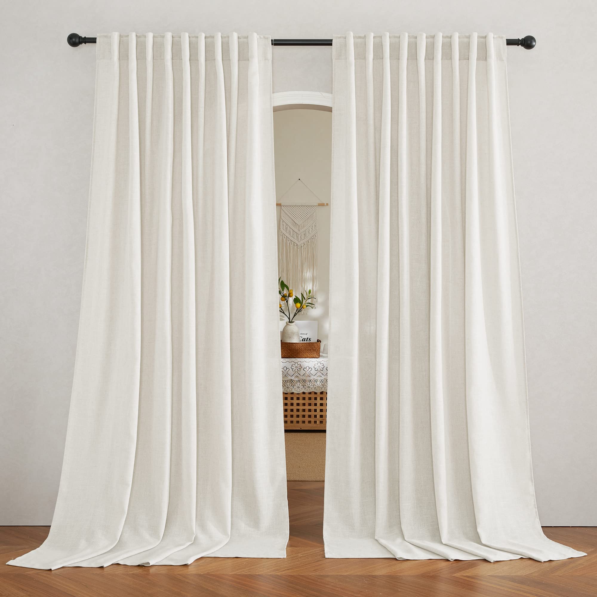 RYB HOME Semi Sheer Curtains 102 inches Long, Back Tab Light Filtration Half Privacy Window Curtains & Drapes for Bedroom Living Room, Linen, W 52 x L 102 inches, 2 Panels Set
