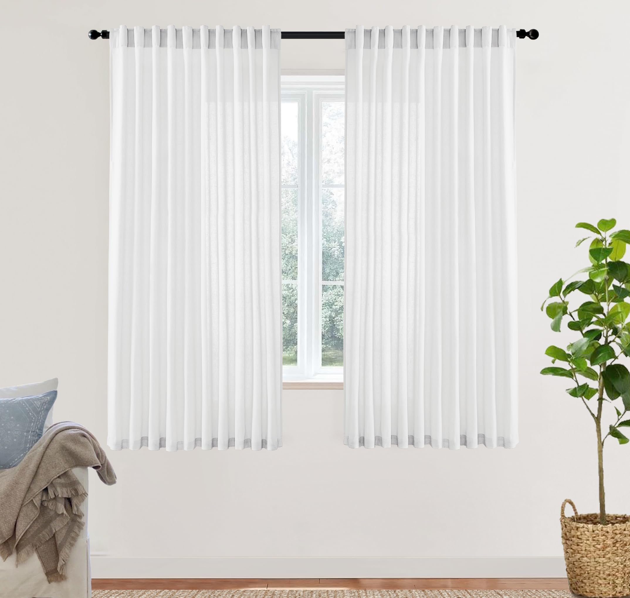 XTMYI 90 Inches Long Sheer Linen Curtains 2 Panels Set,Hook Tape Back Tab Semi Sheer Cotton Blend Fabric Modern Cottage Core Cottagecore Curtain Drapes for Living Room Bedroom,50x90 in Length