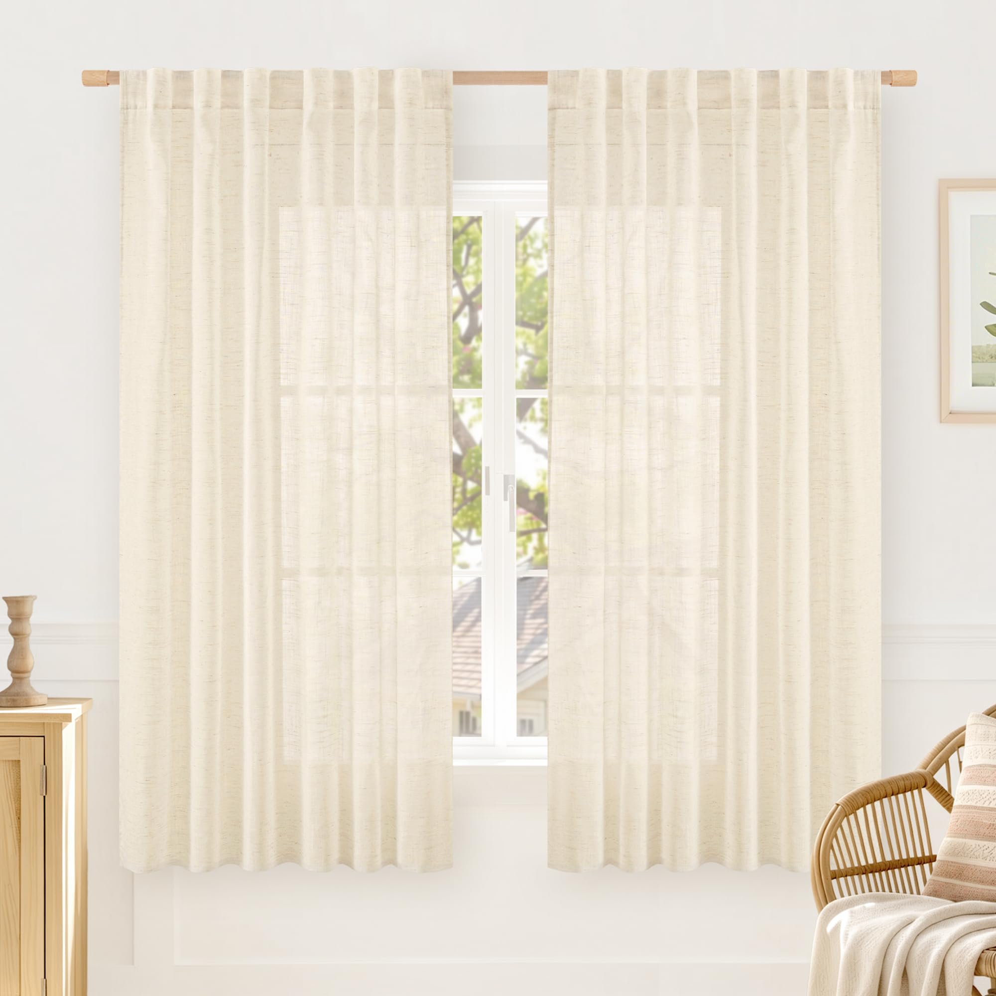 LAMIT Natural Linen Sheer Curtains 90 Inches Long 2 Panels, Long Light Filtering Window Treatments Back Tab and Rod Pocket Farmhouse Boho Panels for Living Room/Bedroom/Dining Room, 52 x 90 Inch