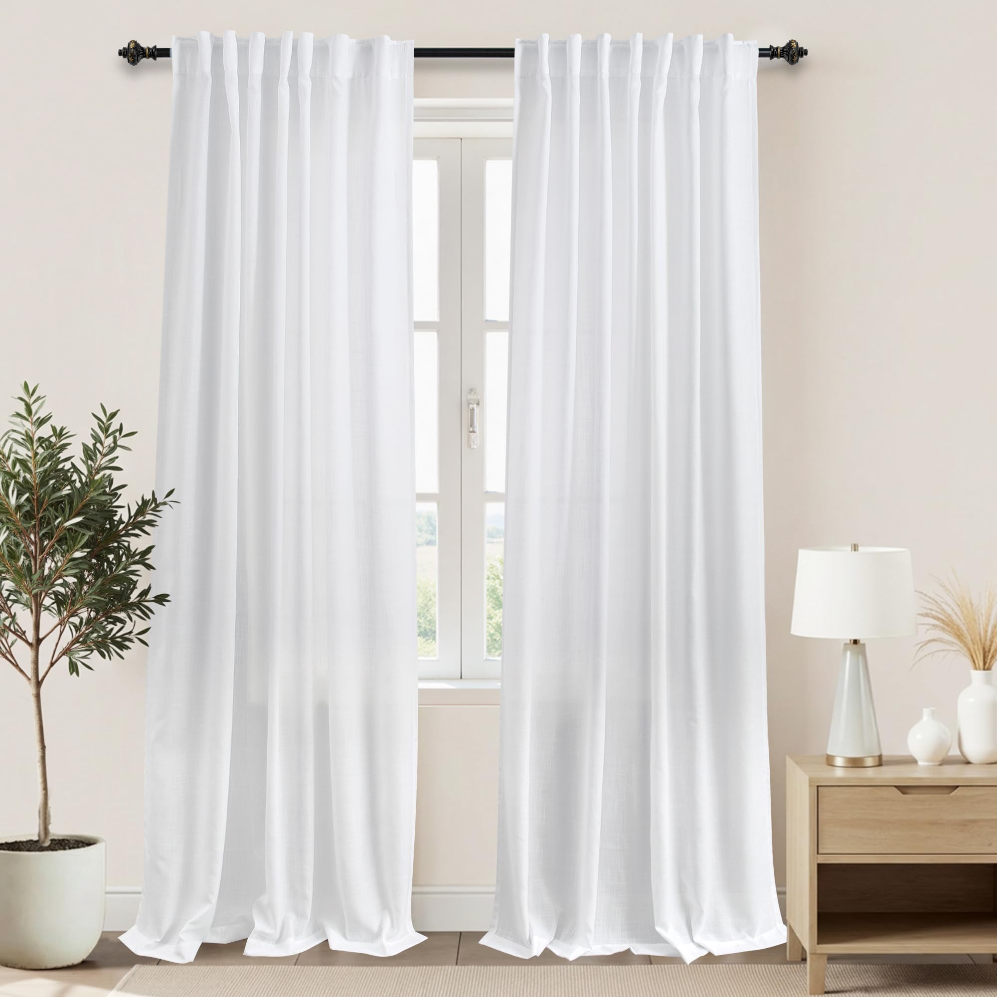KOUFALL 92 Inch Curtains for Living Room 2 Panels Set,Light Filtering Farmhouse Boho Linen Semi Sheer Curtain Drapes 92 Inches Long for Bedroom,Cream Ivory