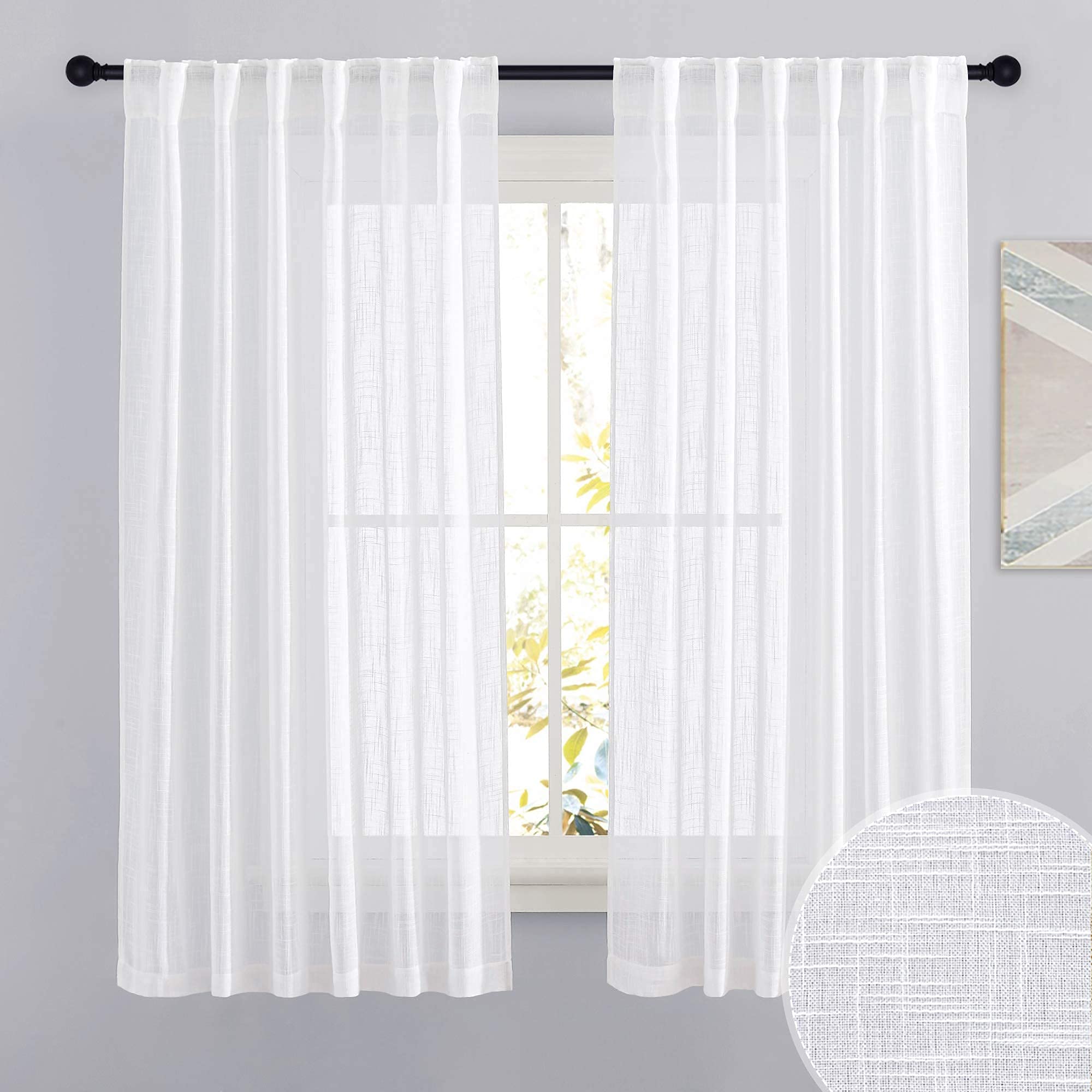 RYB HOME Semi Sheer Curtains 102 inches Long, Back Tab Light Filtration Half Privacy Window Curtains & Drapes for Bedroom Living Room, Linen, W 52 x L 102 inches, 2 Panels Set