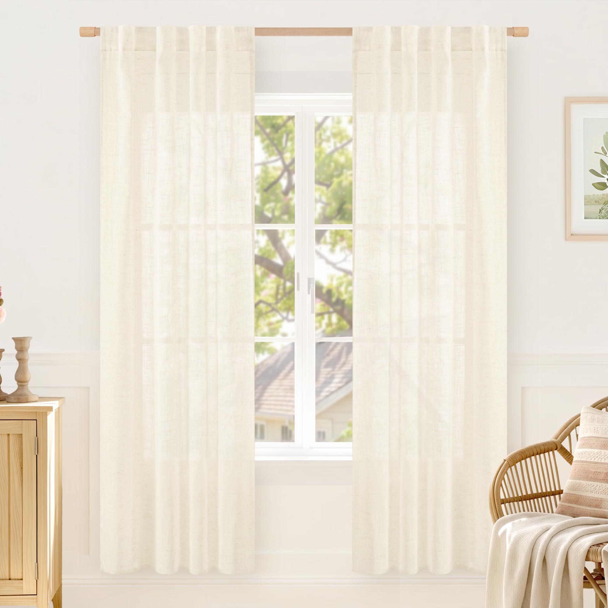 LAMIT Natural Linen Sheer Curtains 90 Inches Long 2 Panels, Long Light Filtering Window Treatments Back Tab and Rod Pocket Farmhouse Boho Panels for Living Room/Bedroom/Dining Room, 52 x 90 Inch