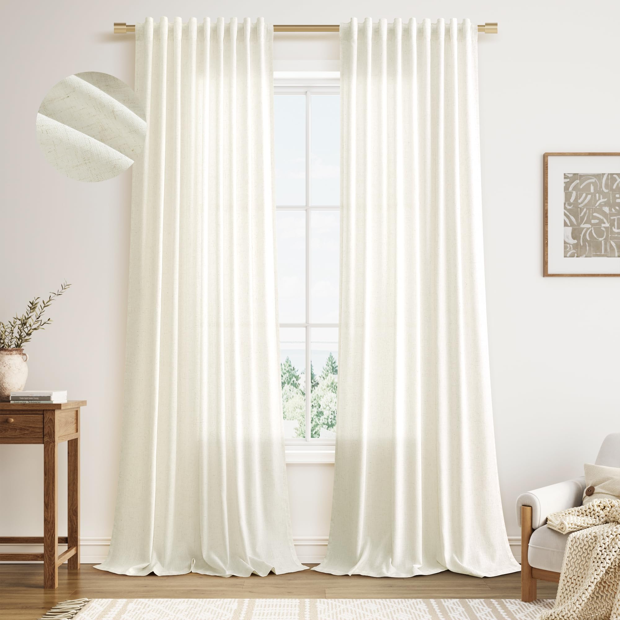 Nanspring Linen Curtains 80 Inches Long for Living Room Semi Sheer Light Filtering Curtain Back Tab Neutral Boho Modern Farmhouse Window Drapes for Bedroom 52x80 2 Panels Cream Ivory Beige Natural