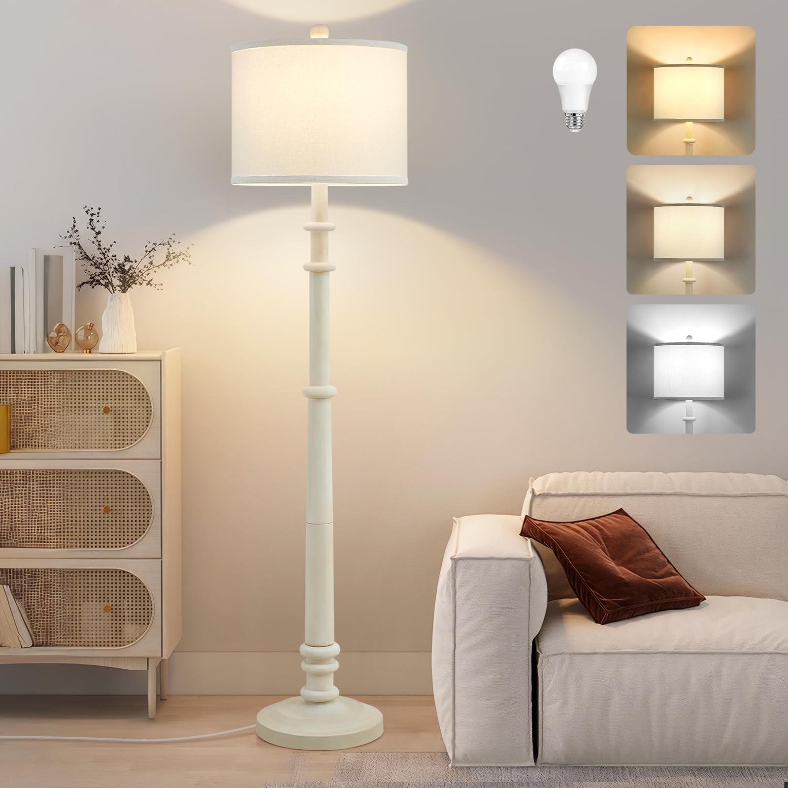 Floor Lamps for Living Room - 60" Resin Farmhouse Floor Lamp with Adjustable Color Temperatures - Vintage Standing Lamp Reading Light with Linen Shade Retro Tall Lamp for Bedroom Office, Black