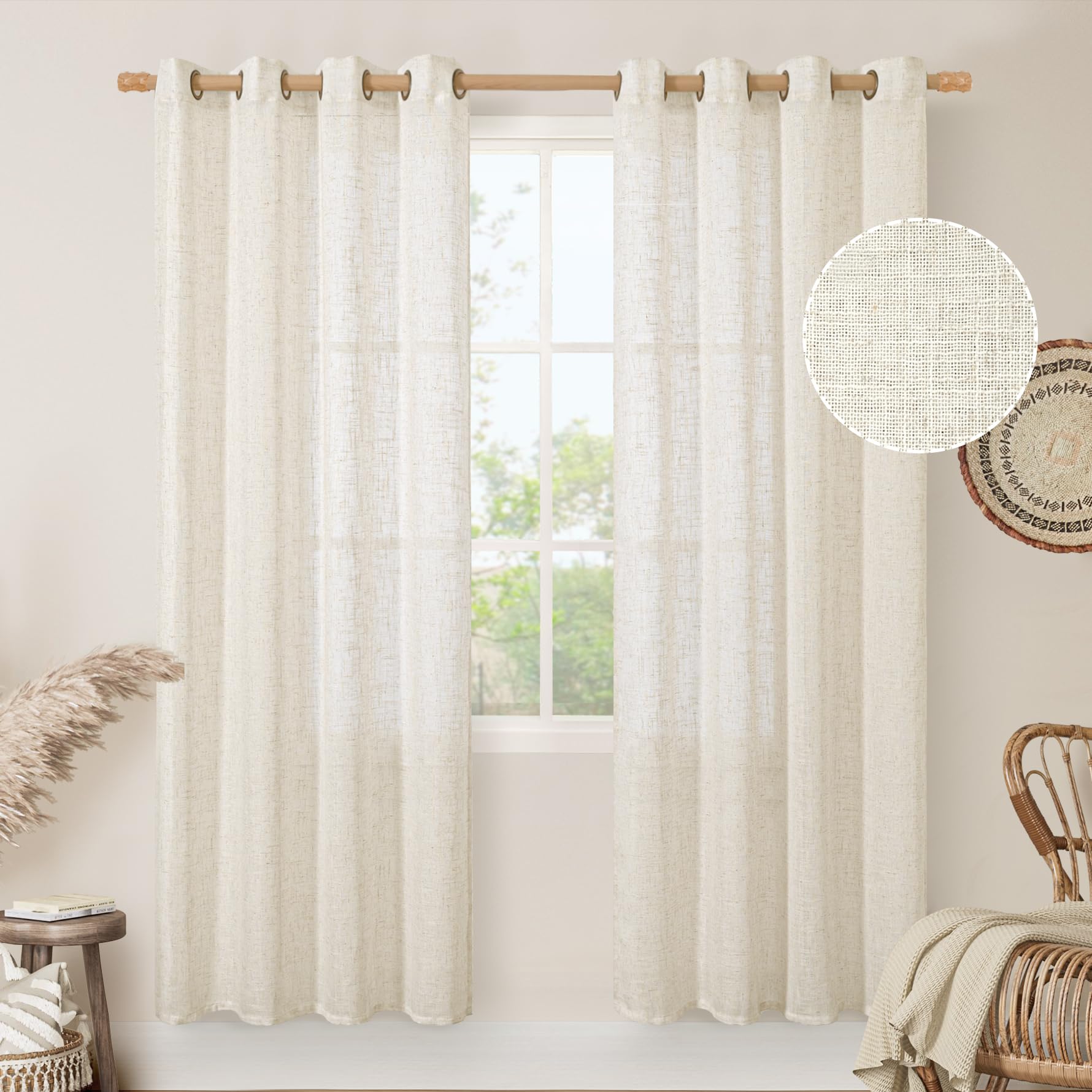 LAMIT Natural Cream Ivory Long Linen Curtains for Living Room, 108 inches Long Bronze Grommet Light Filtering Window Textured Neutral Sheer Drapes for Bedroom Farmhouse, 2 Panels, 52 x 108 Inch