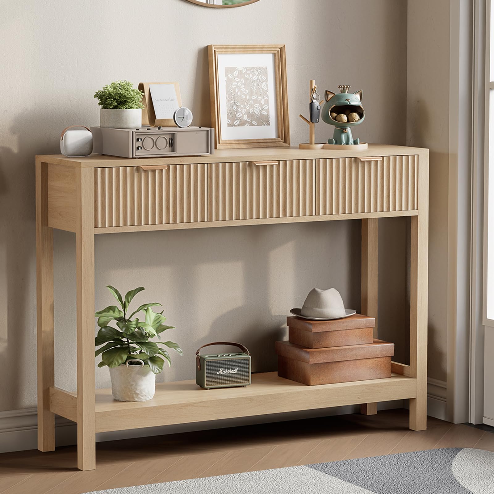 Nasonet Fluted Console Table, Wooden Sofa Table with Storage and Drawers, Farmhouse Behind Couch Table Entryway Table for Entrance, Hallway, Living Room, Black