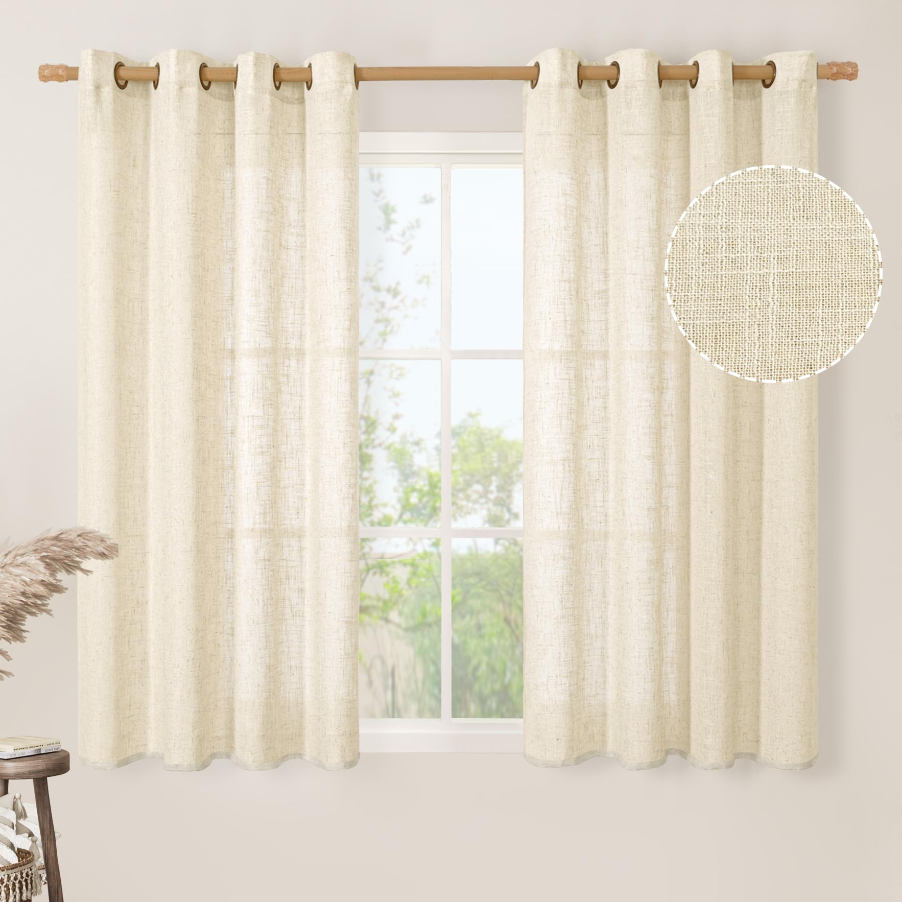 LAMIT Natural Cream Ivory Long Linen Curtains for Living Room, 108 inches Long Bronze Grommet Light Filtering Window Textured Neutral Sheer Drapes for Bedroom Farmhouse, 2 Panels, 52 x 108 Inch
