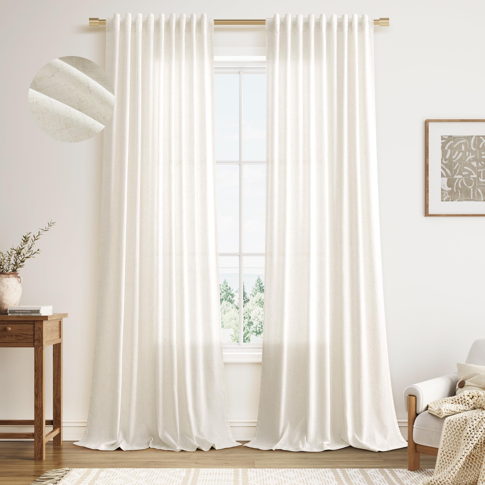 Nanspring Linen Curtains 80 Inches Long for Living Room Semi Sheer Light Filtering Curtain Back Tab Neutral Boho Modern Farmhouse Window Drapes for Bedroom 52x80 2 Panels Cream Ivory Beige Natural