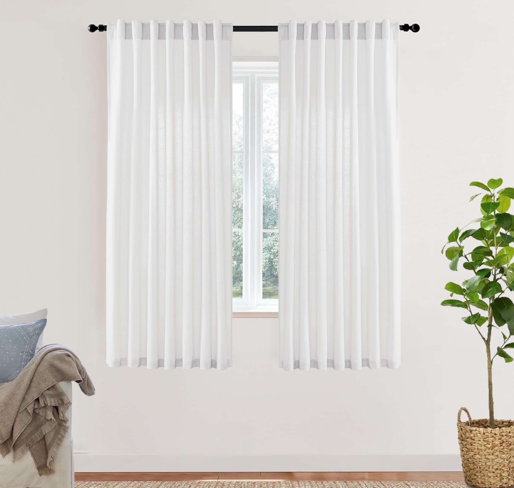 XTMYI 90 Inches Long Sheer Linen Curtains 2 Panels Set,Hook Tape Back Tab Semi Sheer Cotton Blend Fabric Modern Cottage Core Cottagecore Curtain Drapes for Living Room Bedroom,50x90 in Length