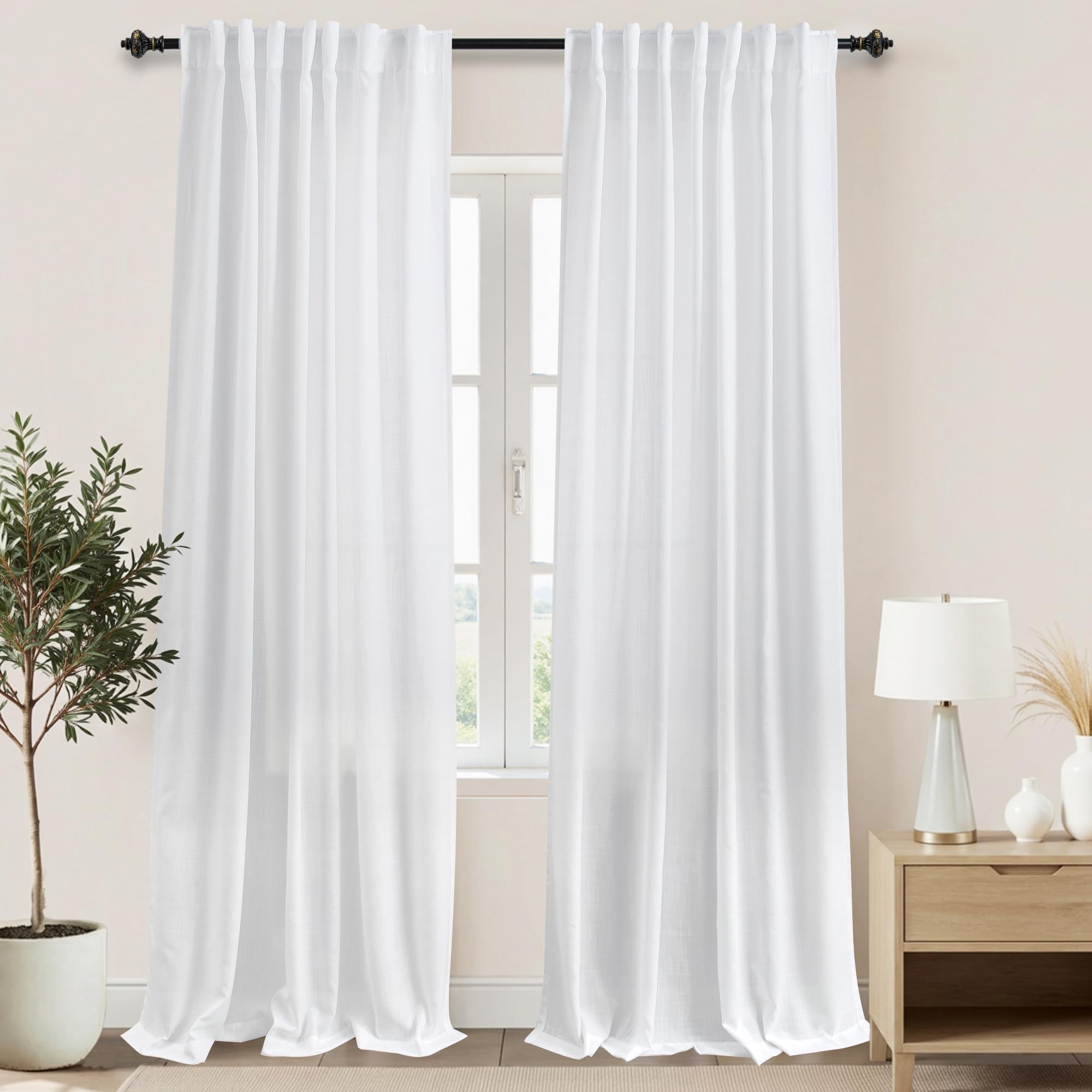KOUFALL 92 Inch Curtains for Living Room 2 Panels Set,Light Filtering Farmhouse Boho Linen Semi Sheer Curtain Drapes 92 Inches Long for Bedroom,Cream Ivory