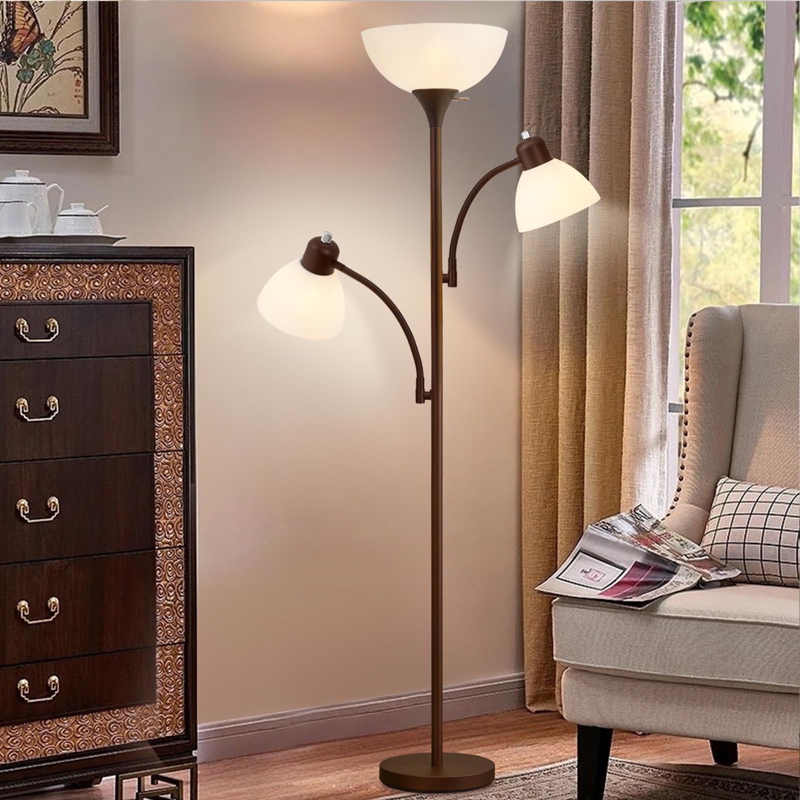 Luvkczc Floor Lamps for Living Room, 72" Tall Torchiere Floor Lamp with 8W Adjustable Reading Lights, Industrial Lamps for Living Room, Bedroom, Office, Black Tree Floor Lamp【3 Bulbs Included】