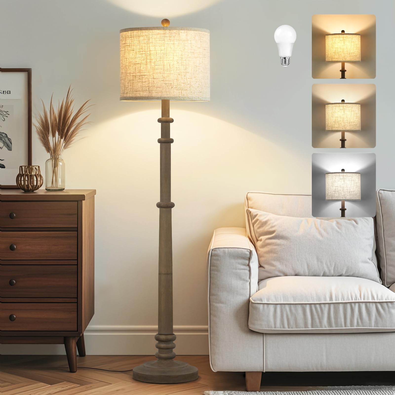 Floor Lamps for Living Room - 60" Resin Farmhouse Floor Lamp with Adjustable Color Temperatures - Vintage Standing Lamp Reading Light with Linen Shade Retro Tall Lamp for Bedroom Office, Black