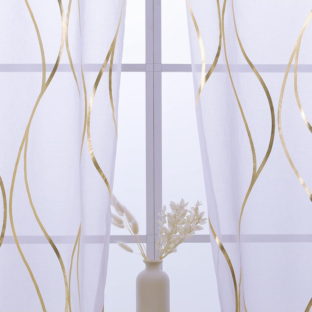 L.Z.E Gold White Sheer Curtains 108 Inches Long 2 Panels Set for Living Room Bedroom See Through Sheer Curtains Grommet Top Transparent Sheers with Wave Pattern Extra Long