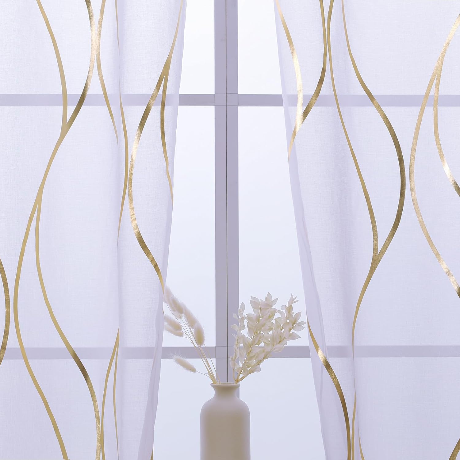 L.Z.E Gold White Sheer Curtains 108 Inches Long 2 Panels Set for Living Room Bedroom See Through Sheer Curtains Grommet Top Transparent Sheers with Wave Pattern Extra Long