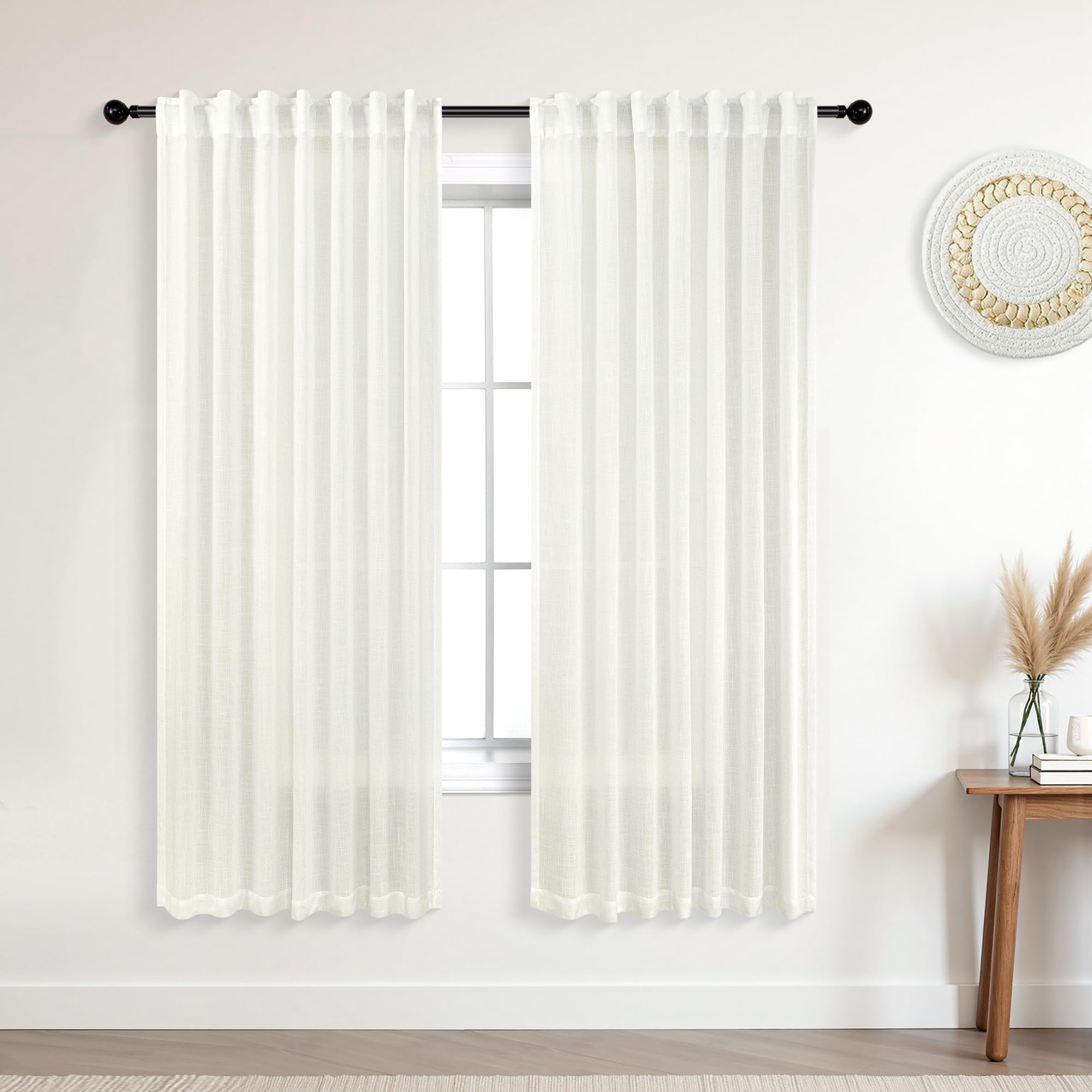 KOUFALL 92 Inch Curtains for Living Room 2 Panels Set,Light Filtering Farmhouse Boho Linen Semi Sheer Curtain Drapes 92 Inches Long for Bedroom,Cream Ivory