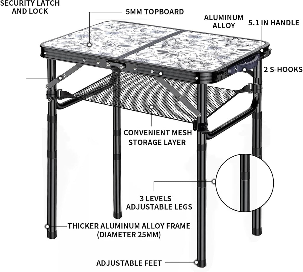 Outdoor Side Table, Portable 3 Adjustable Height Small Outdoor Folding Table, Aluminum Foldable Patio Side Tables for Outside Indoor, Plant Stand Coffee End Table for Pool, Porch,Garden, Balcony