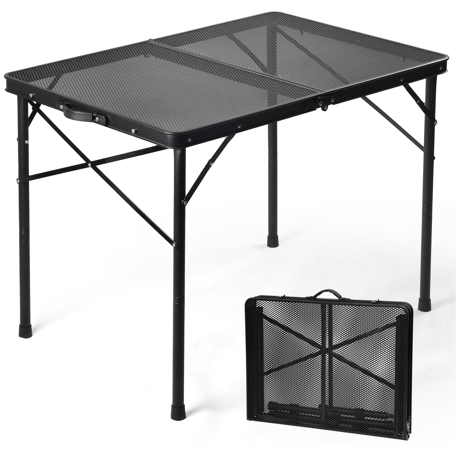 2Ft Small Folding Table with Carry Handle, Camping Table Adjustable Height 10.6–22 in, Black Metal Mesh, Portable & Compact for Outdoor/Indoor,Grill Table, 23.6×15.8 in, 4 lb, 66 lb Capacity