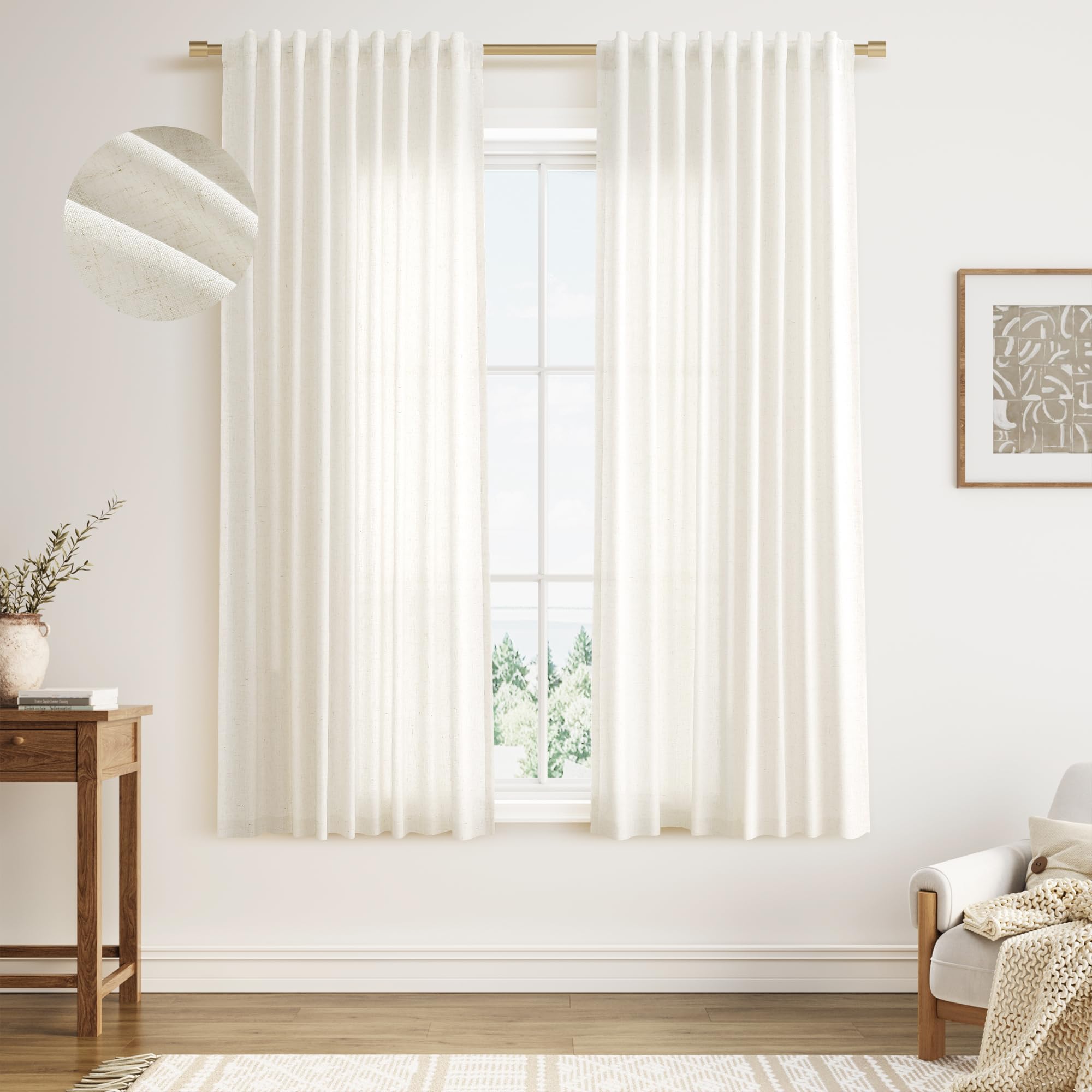 Nanspring Linen Curtains 80 Inches Long for Living Room Semi Sheer Light Filtering Curtain Back Tab Neutral Boho Modern Farmhouse Window Drapes for Bedroom 52x80 2 Panels Cream Ivory Beige Natural