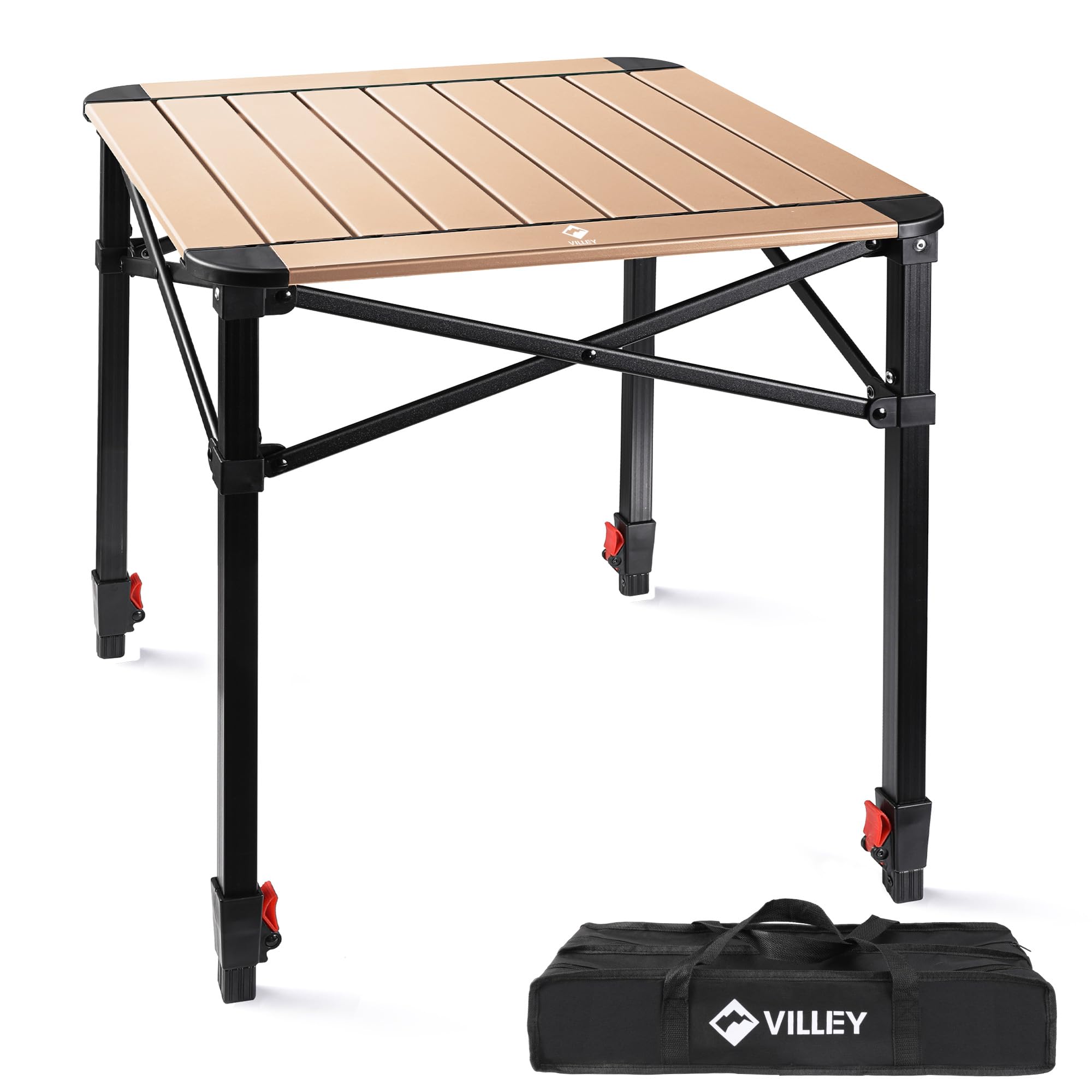 VILLEY Folding Camping Square Table with Carry Bag, Lightweight Aluminum Adjustable Square Table for Outdoor, Camping, Picnic, Backyards, BBQ, Small