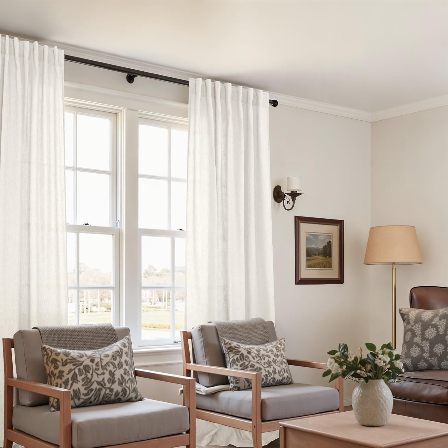 KOUFALL 92 Inch Curtains for Living Room 2 Panels Set,Light Filtering Farmhouse Boho Linen Semi Sheer Curtain Drapes 92 Inches Long for Bedroom,Cream Ivory
