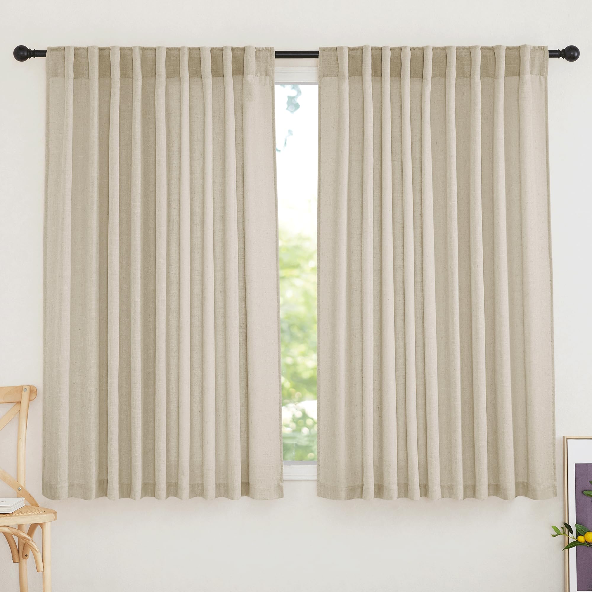 RYB HOME Semi Sheer Curtains 102 inches Long, Back Tab Light Filtration Half Privacy Window Curtains & Drapes for Bedroom Living Room, Linen, W 52 x L 102 inches, 2 Panels Set